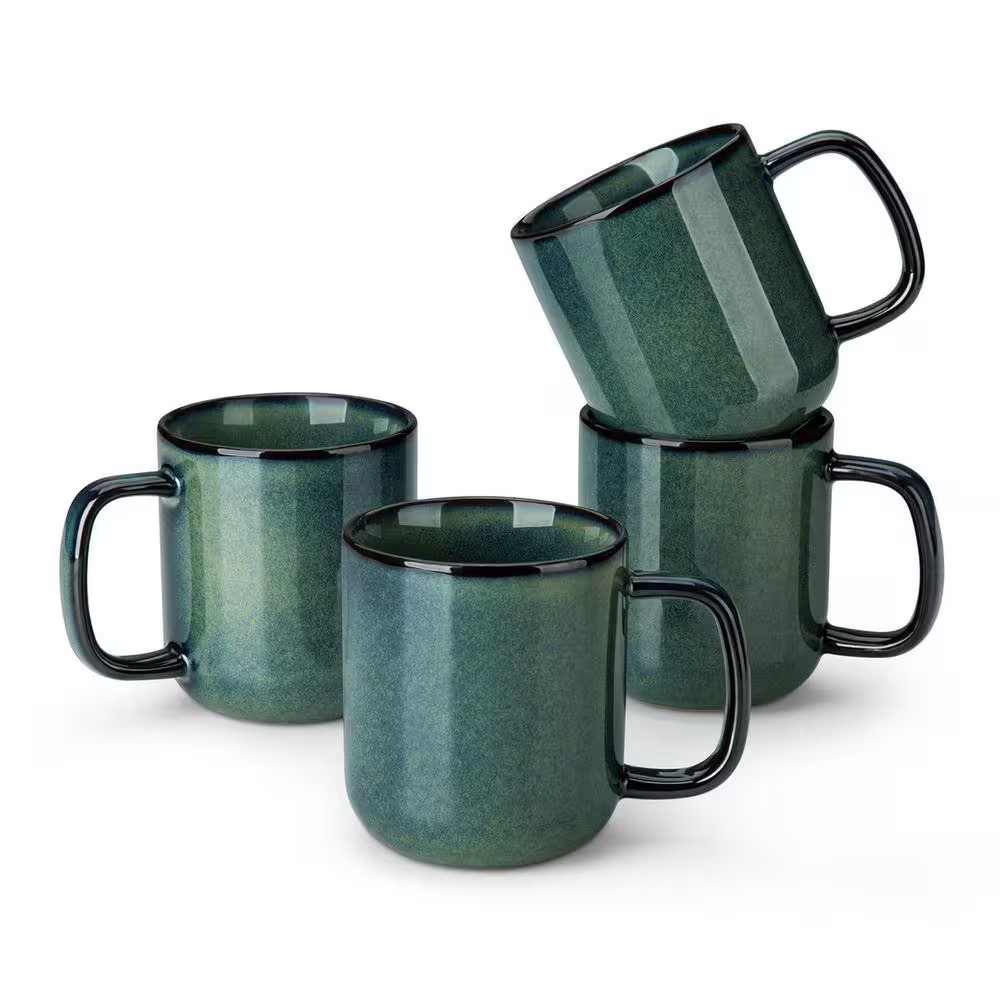 Starry 12 Oz. Green Stoneware Coffee Mugs Set of 4 Drinkware Set-Coffee Cups Tea Cups Service for 4 People