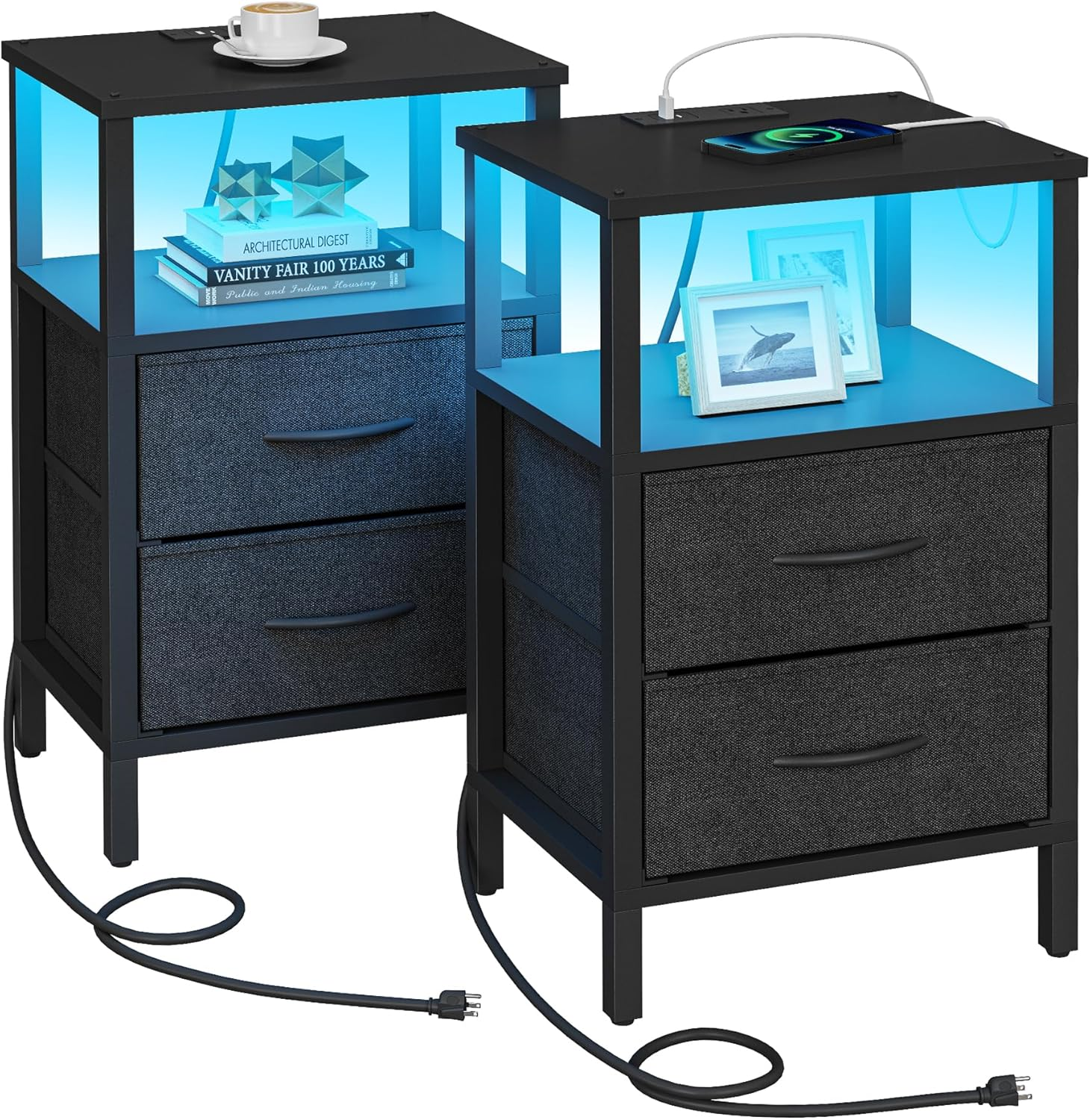 2Set LED End Tables With Charging Station Nightstand With Cloth Drawer Black New