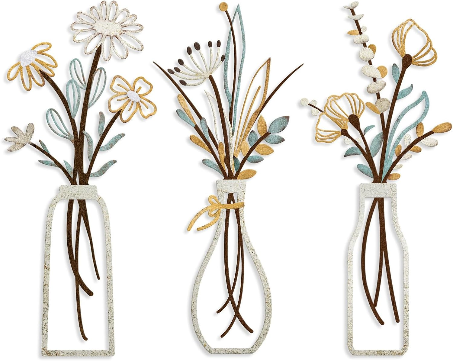 3 Pieces Metal Flowers Wall Art- Rustic Farmhouse Decor Minimalist Decor for Living Room Bathroom Bedroom Dining Room, Housewarming Gifts Christmas Decoration(Beige, Vase-C)