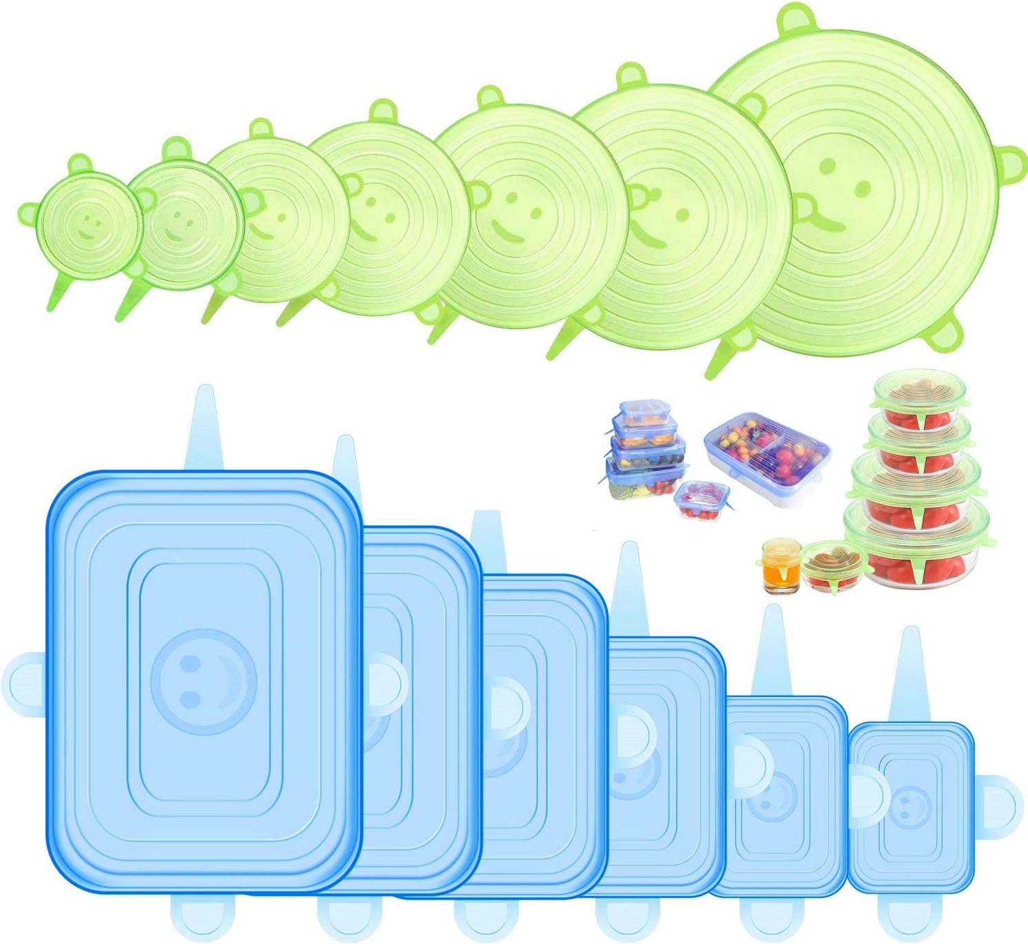 Silicone Stretch Lids, 12 Pack Silicone Lids, 6 Sizes Bpa-Free Silicone Bowl Covers Reusable for Cups, Bowls and Dish, Flexible, round and Rectangle Fit 2.8” - 8.2” Container, Green & Blue
