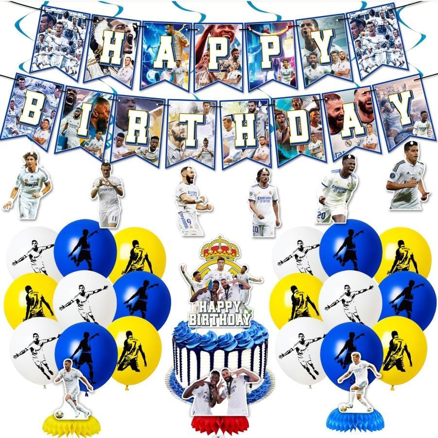 Madrid CF Birthday Party Decorations, Soccer Theme Birthday Banner, Cake Topper, 18 Latex Balloons, 6 Hanging Swirls, 3 Party Centerpieces in Blue, White, Yellow, Red