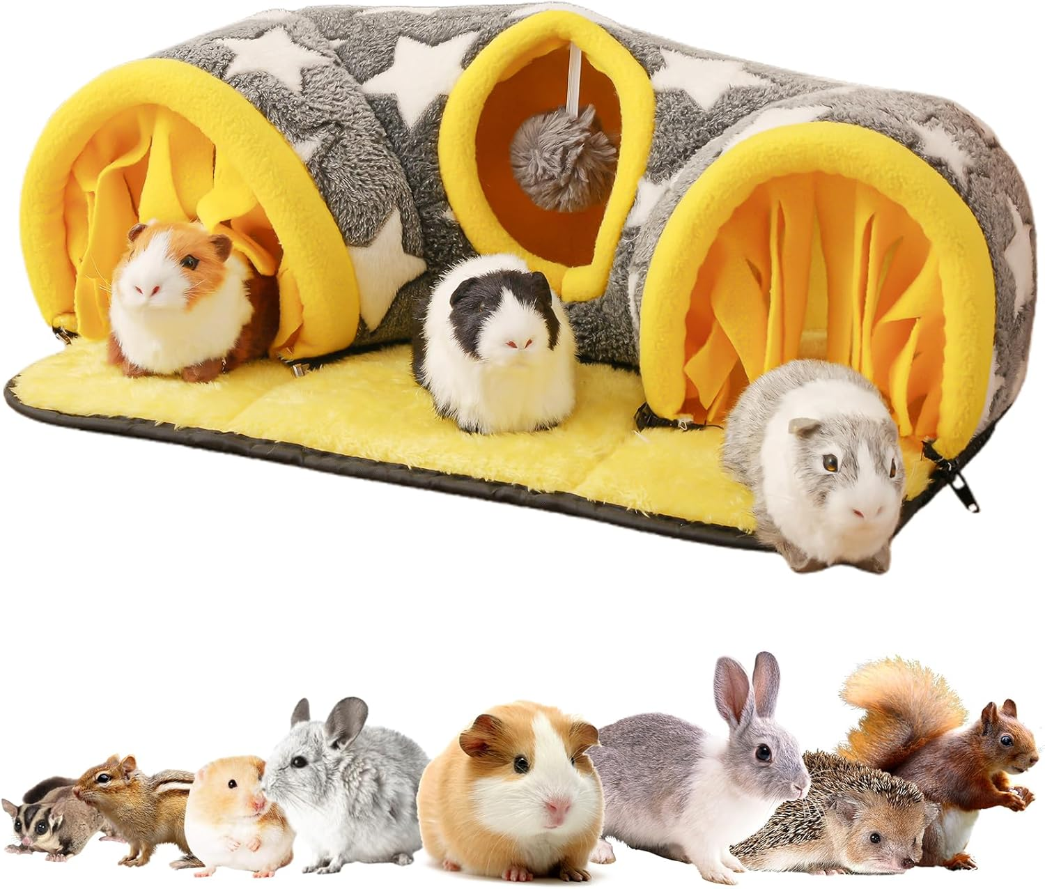 Guinea Pig Hideout Tunnel, Small Animal Hideaway Play Tube Toys with Curtains, Soft Sleeping Bed House for Dwarf Rabbits Chinchillas Hamsters Hedgehogs Ferrets Bearded Dragons and Rats -Star