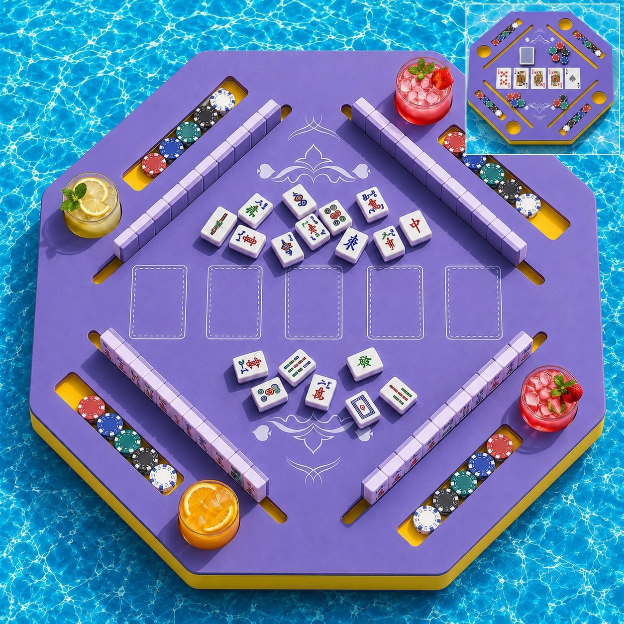 Floating Mahjong Table for Pool, 31.5In Foldable Floating Table with Drink Holders, Waterproof 2 in 1 Table for Pool Mahjong, Texas Hold'Em, Domino, Ideal for Hot Tub, Camping, Backyard, Summer Party