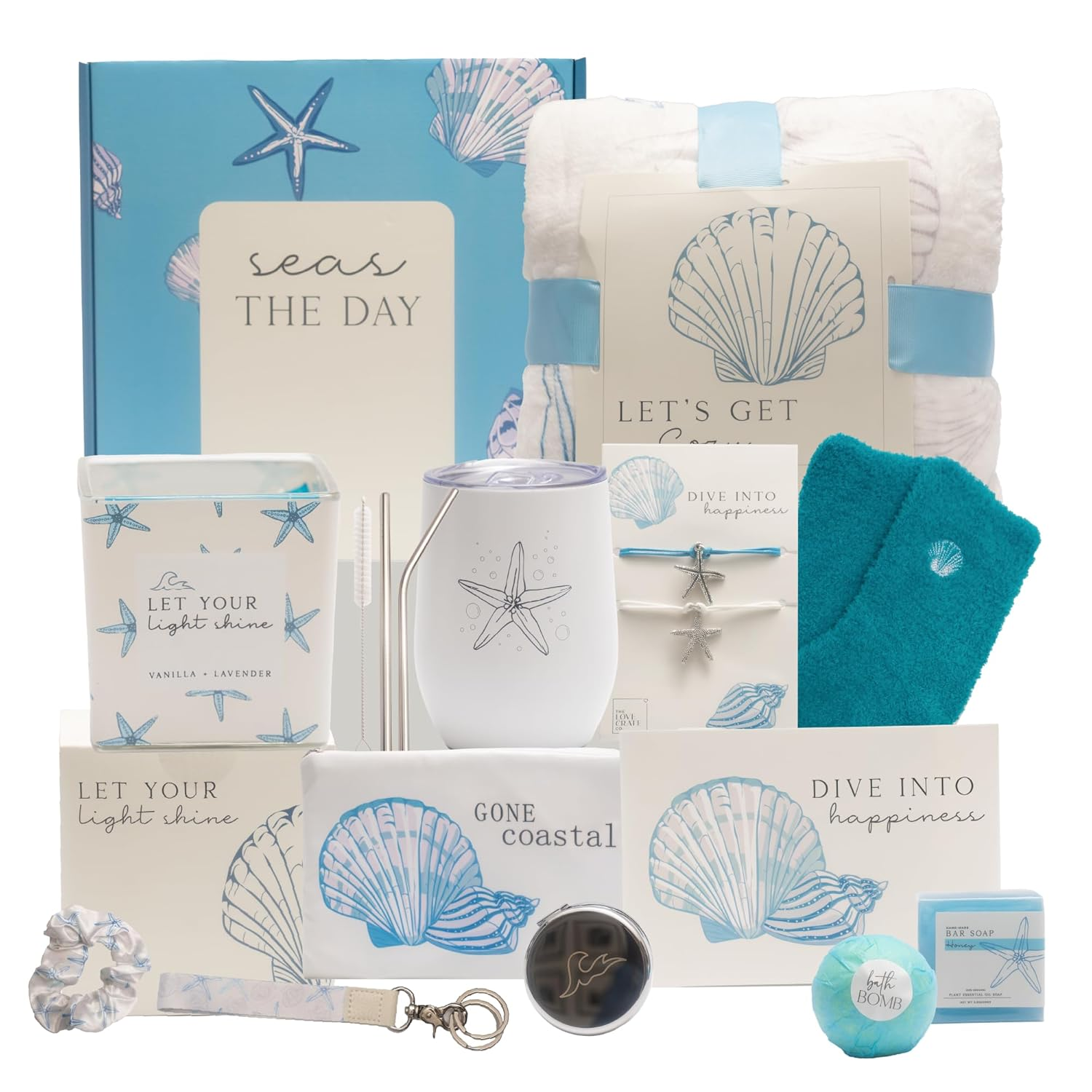 Self Care Gifts for Women. 15Pc Gift Box Filled with Ocean Themed Beach Lover Gifts for Her. Thinking of You, Surgery Wellness Kit, Get Well Soon Basket, Birthday Package for Woman