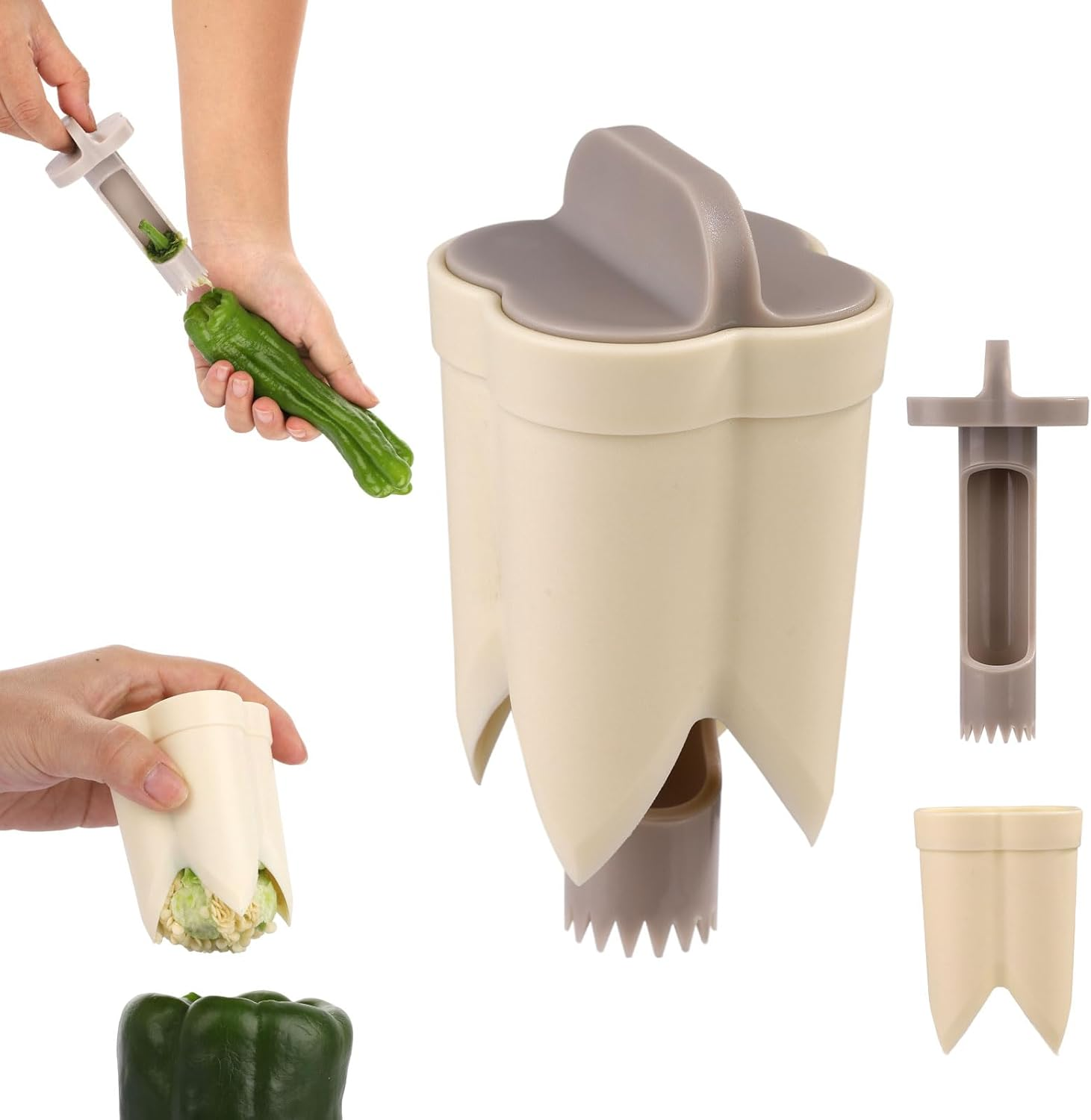 2Pcs Pepper Deseeder, 2 in 1 Fruit & Pepper Corer, Set for Vegetables, Kitchen Gadget, Home & Camping (Off-White)