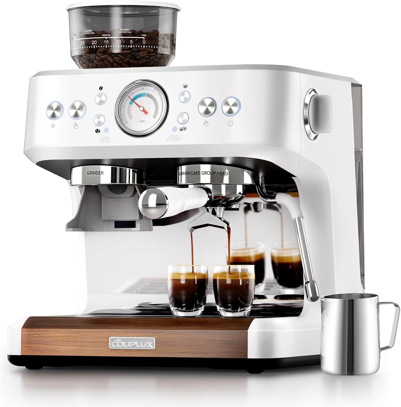 58MM Espresso Machine with Grinder & Milk Wand - 15 Bar Stainless Steel