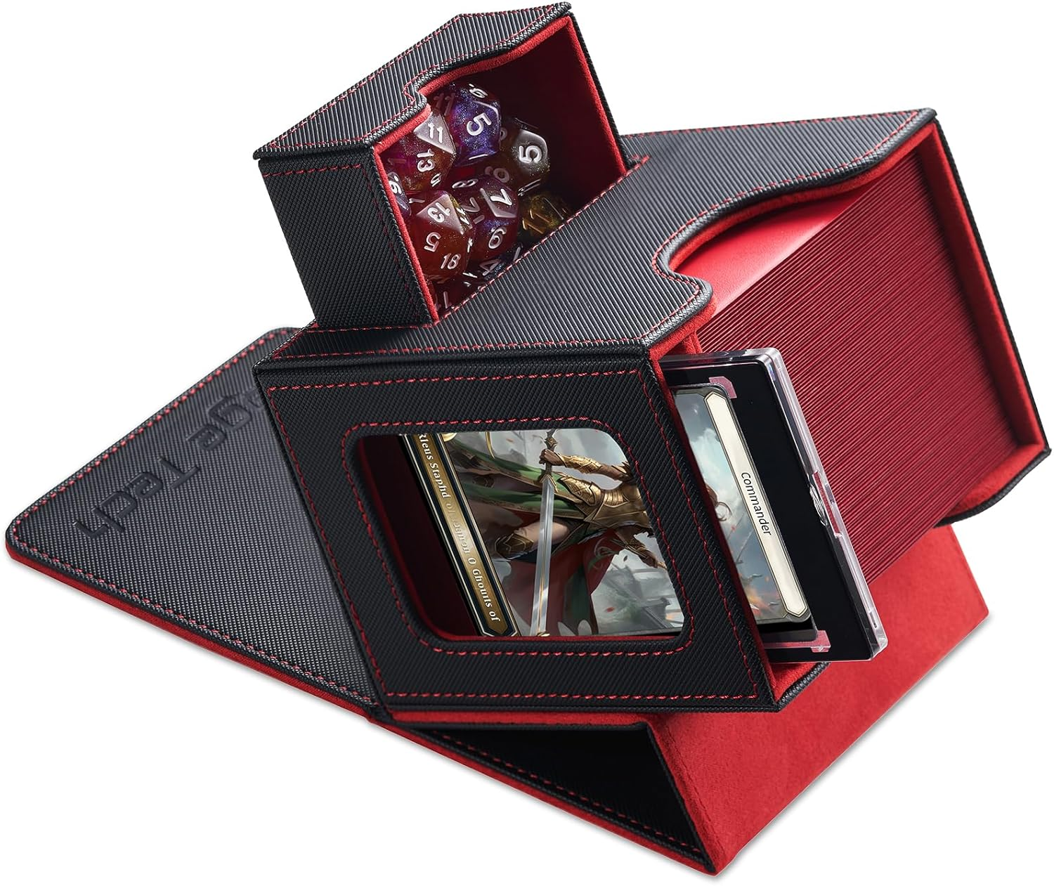 Card Deck Box for MTG Commander - Patented Design, Commander Display, Fits 100 Double-Sleeved Cards, 35Pt Card Brick & Dice Tray - Black/Red