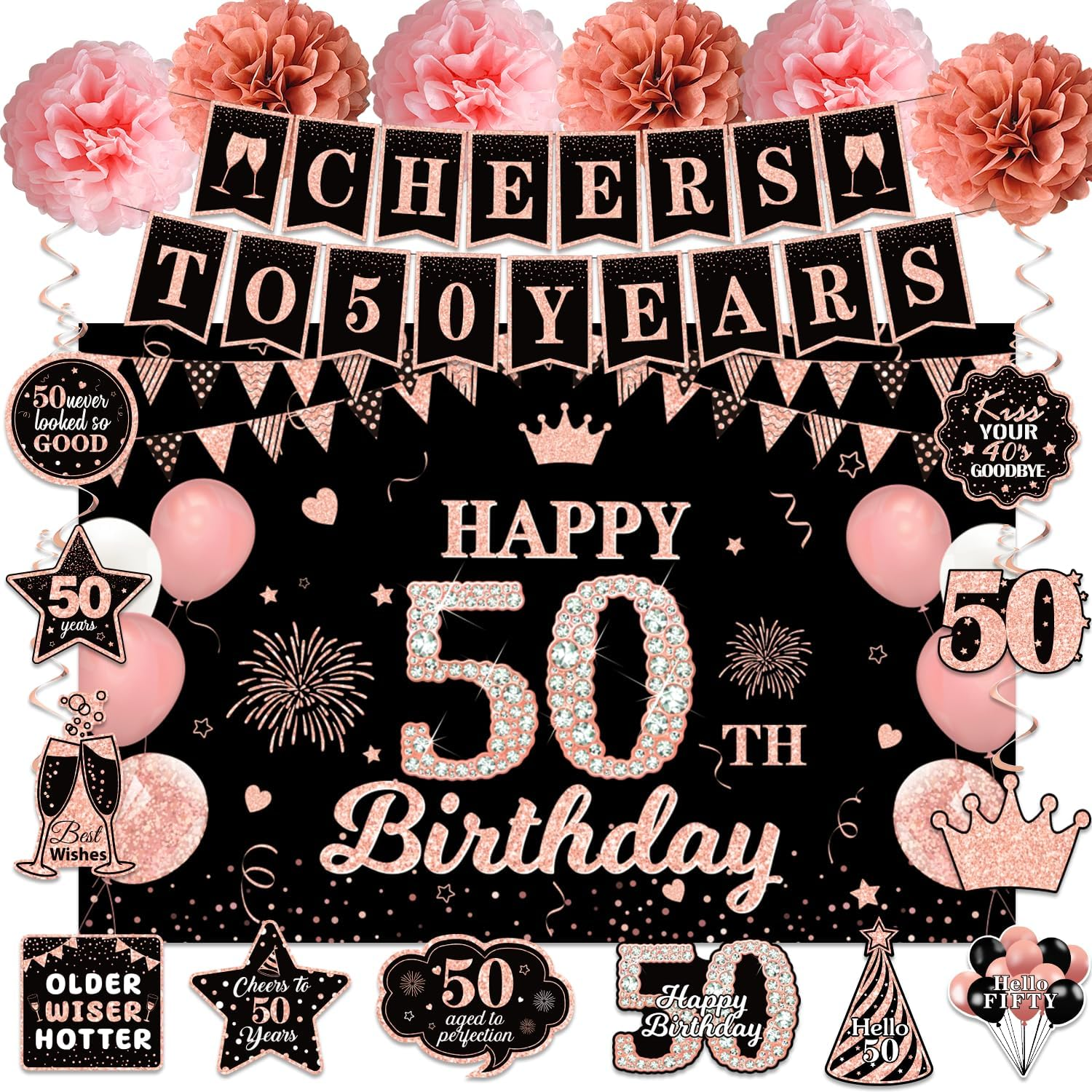 Happy 50Th Birthday Decorations for Women, Rose Gold Cheers to 50 Years Banner, 50Th Birthday Backdrop Hanging Swirl Pompoms Decorative Cards Party Supplies