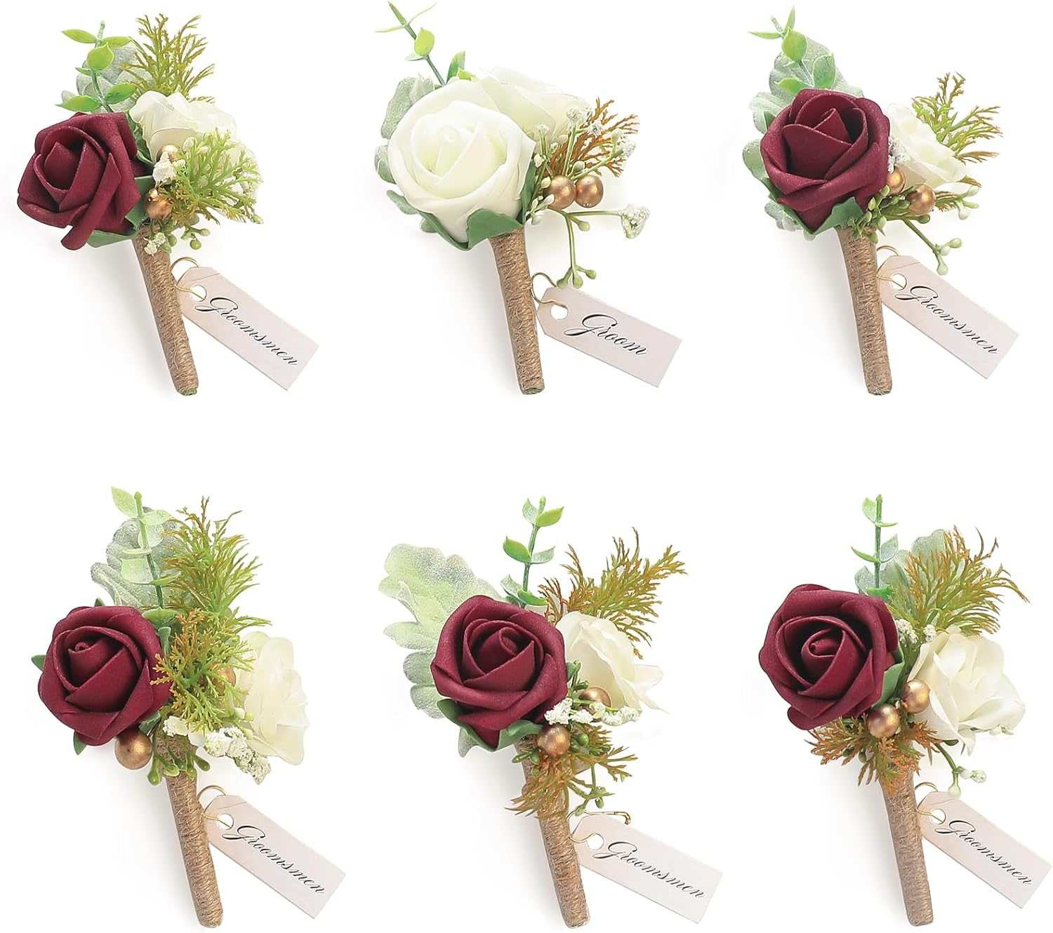 Floroom Set of 6 Burgundy & Ivory Foam Rose Boutonnieres with Pins for Men Wedding for Groom Groomsmen Wedding Ceremonies Anniversaries Formal Dinners Parties Proms
