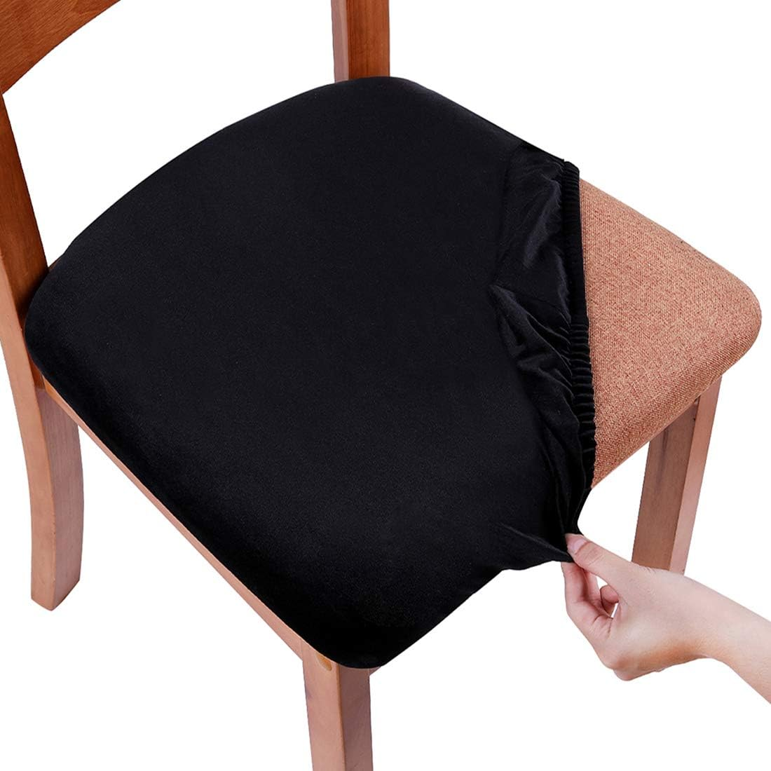 Black Velvet Seat Covers Dining Room Chair Set of 4, Removable, Washable w/ Ties