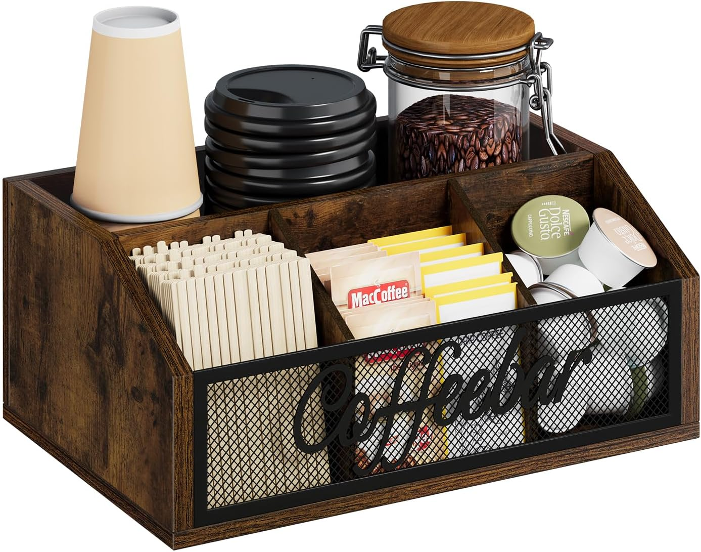 Coffee Station Organizer for Countertop, Wood Coffee Bar Organizer with Removable Dividers for Pods, Syrup, Cups, Stirrer, Tea - Office Coffee Bar Accessories