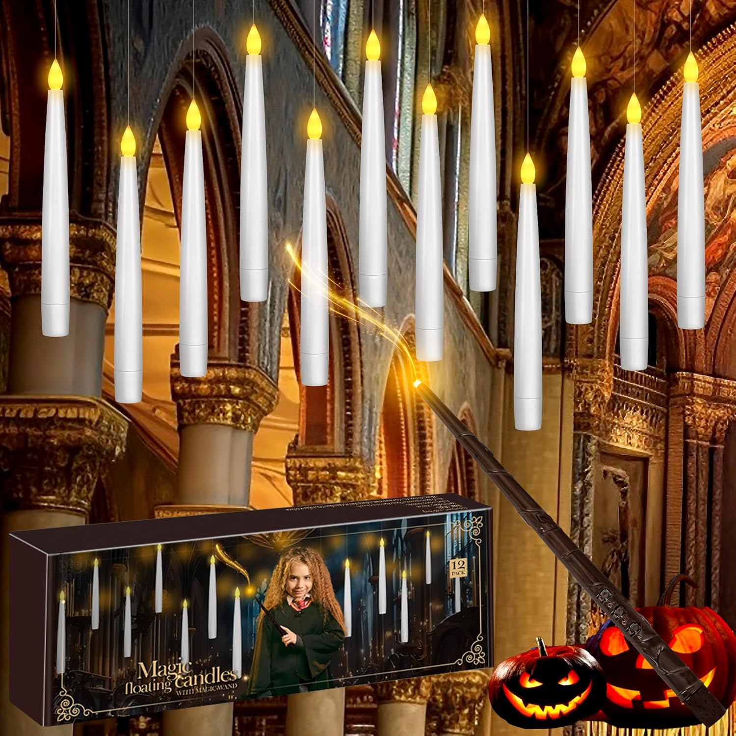 Halloween Decor Floating Candles with Wand, 20Pcs Magic Hanging Candles 