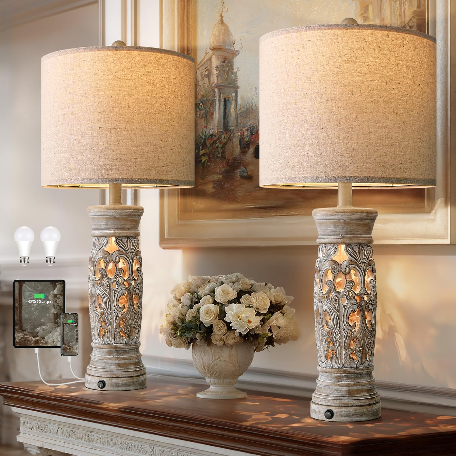 27.25”Farmhouse Table Lamps Set of 2 with Night Light, Rustic Bedside Lamp