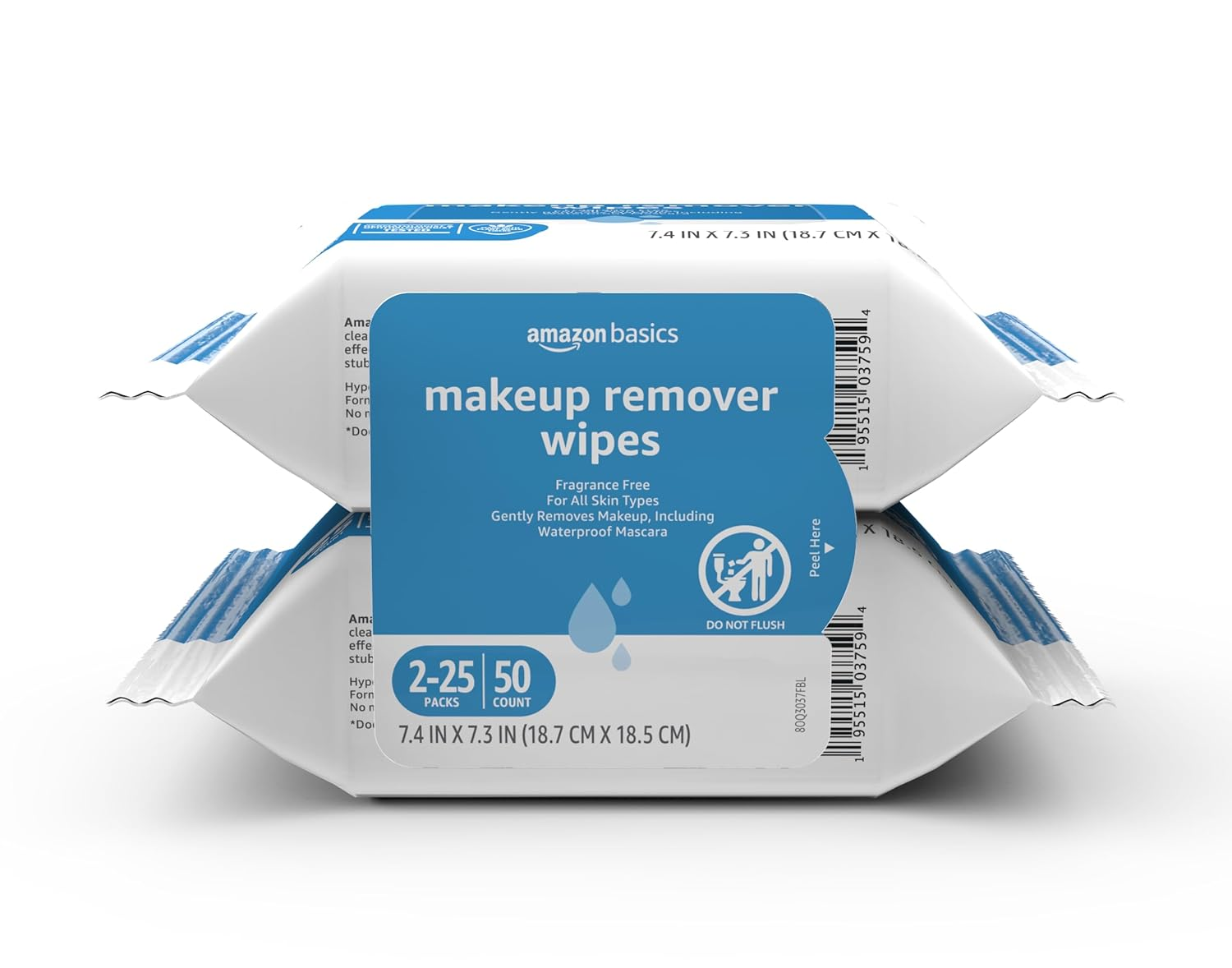 Amazon Basics Make up Remover Wipes, Fragrance Free, 25 Count, Pack of 2 (Previously Solimo)