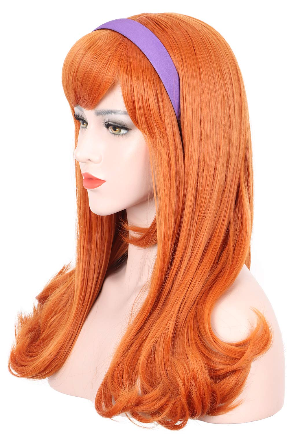 Karlery Adult Women Long Curly Orange Bangs Wig Halloween Cosplay Costume Party Wig (Free Purple Headband and Wig Cap)