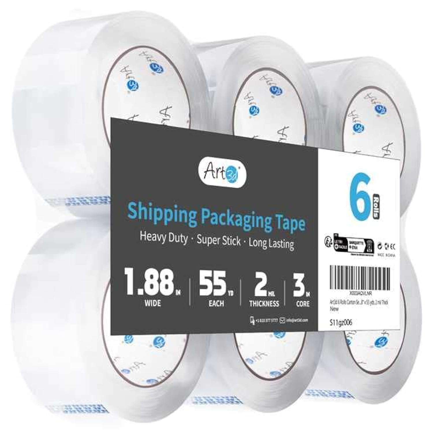 Art3D 6 Rolls Carton Sealing Tape Heavy Duty, Clear Packing Tape, 1.88