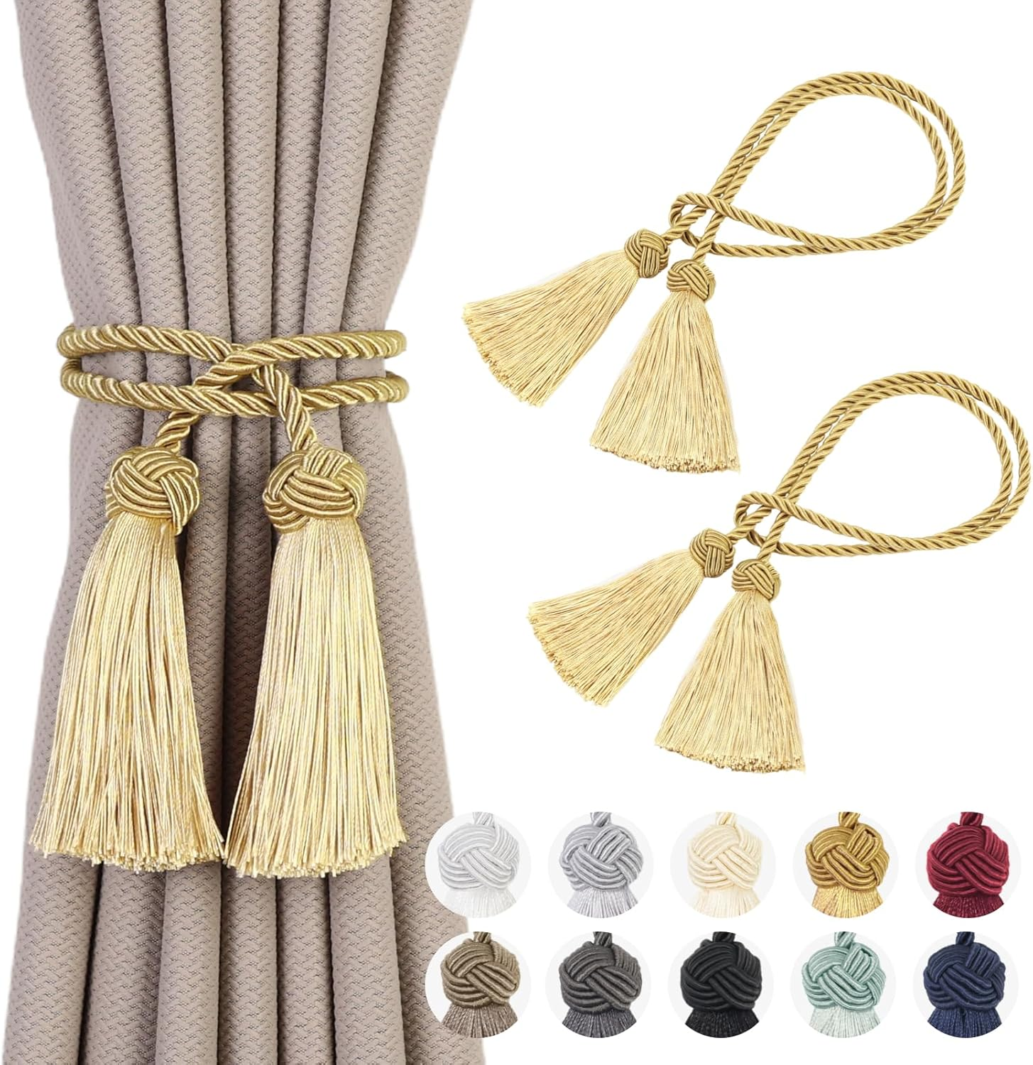 2 Pack Curtain Tiebacks Curtains Tie Back with Tassels- Curtain Holdbacks Tassel Decorative Rope for Towel Bedroom Bathroom Kitchen Home and Office Thin or Sheer Window Drapes Decor-Gold