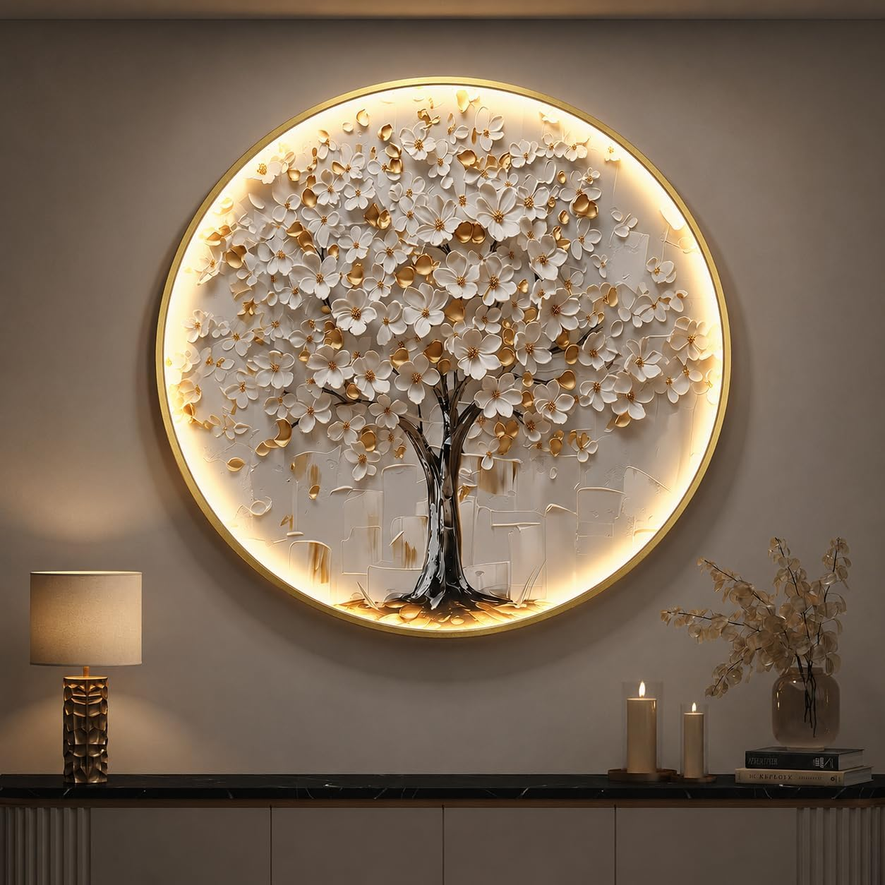 Large Framed LED Tree of Life Wall Art for Living Room, Modern Luxury Gold and White Floral Picture Artwork for Walls, Minimalist Lighted Wall Decor for Hallway, Dining Room, Bedroom, Office