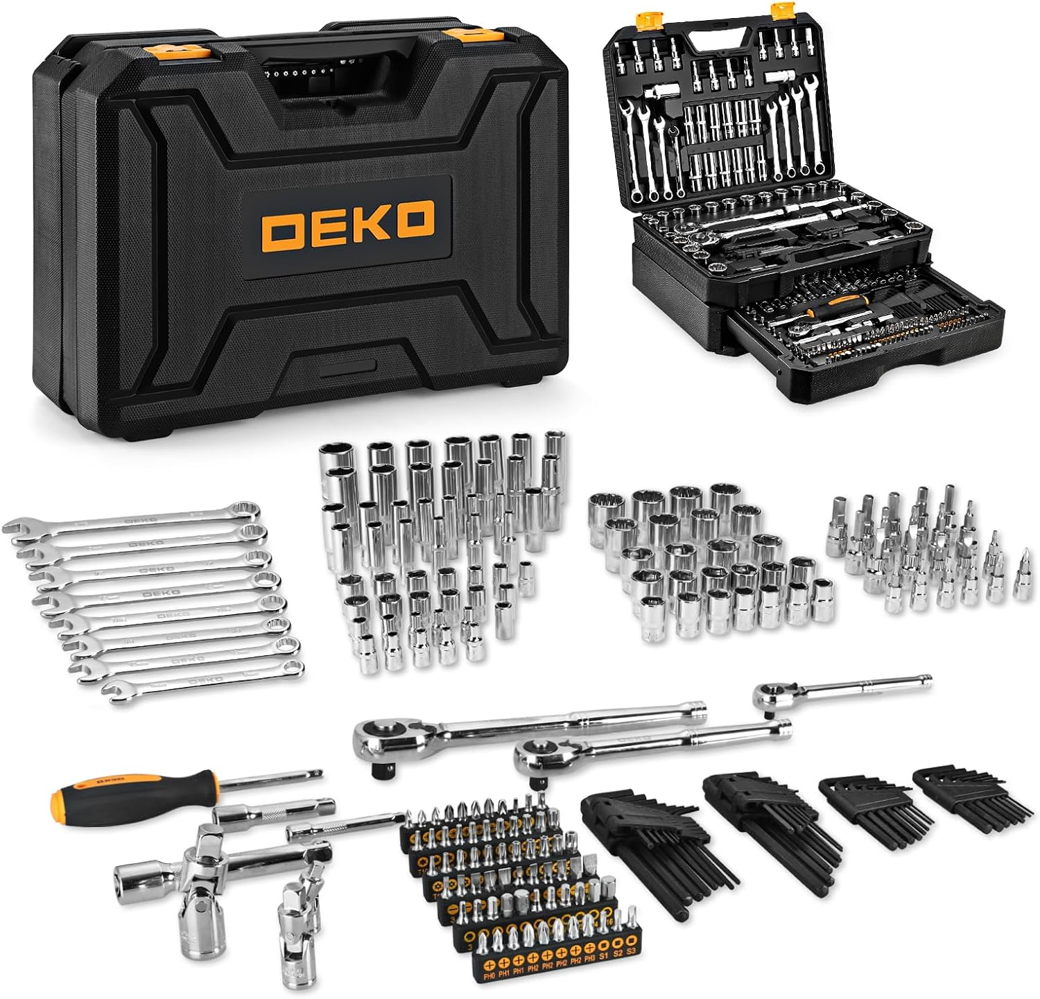 DEKOPRO Mechanic Tool Set & Socket Wrench Set, 226 Pcs Car Tool Kit with Storage Tool Box, 1/4" 3/8" 1/2" Drive, Sae/Metric, W/Ratchet Wrench, Ext. Bars, Hex Keys, for Auto/Moto Repair