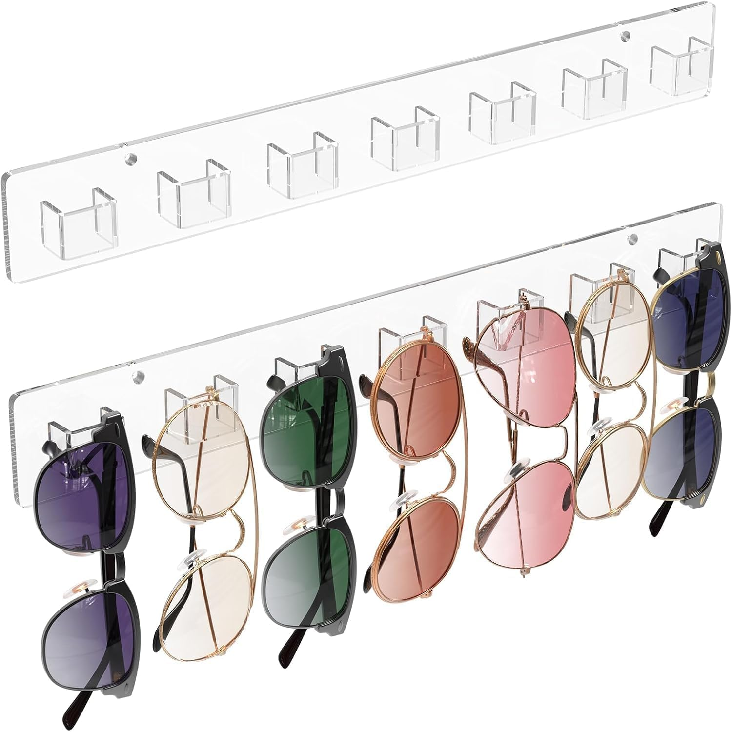 Sunglasses Organizer Wall Mount, 2-Pack Acrylic Eyewear Display Holder with 14 Slots, for Glasses/Sunglasses Storage, Includes Adhesive Tape & Screws, Clear Wall Mounted Shelf for Closet, Door
