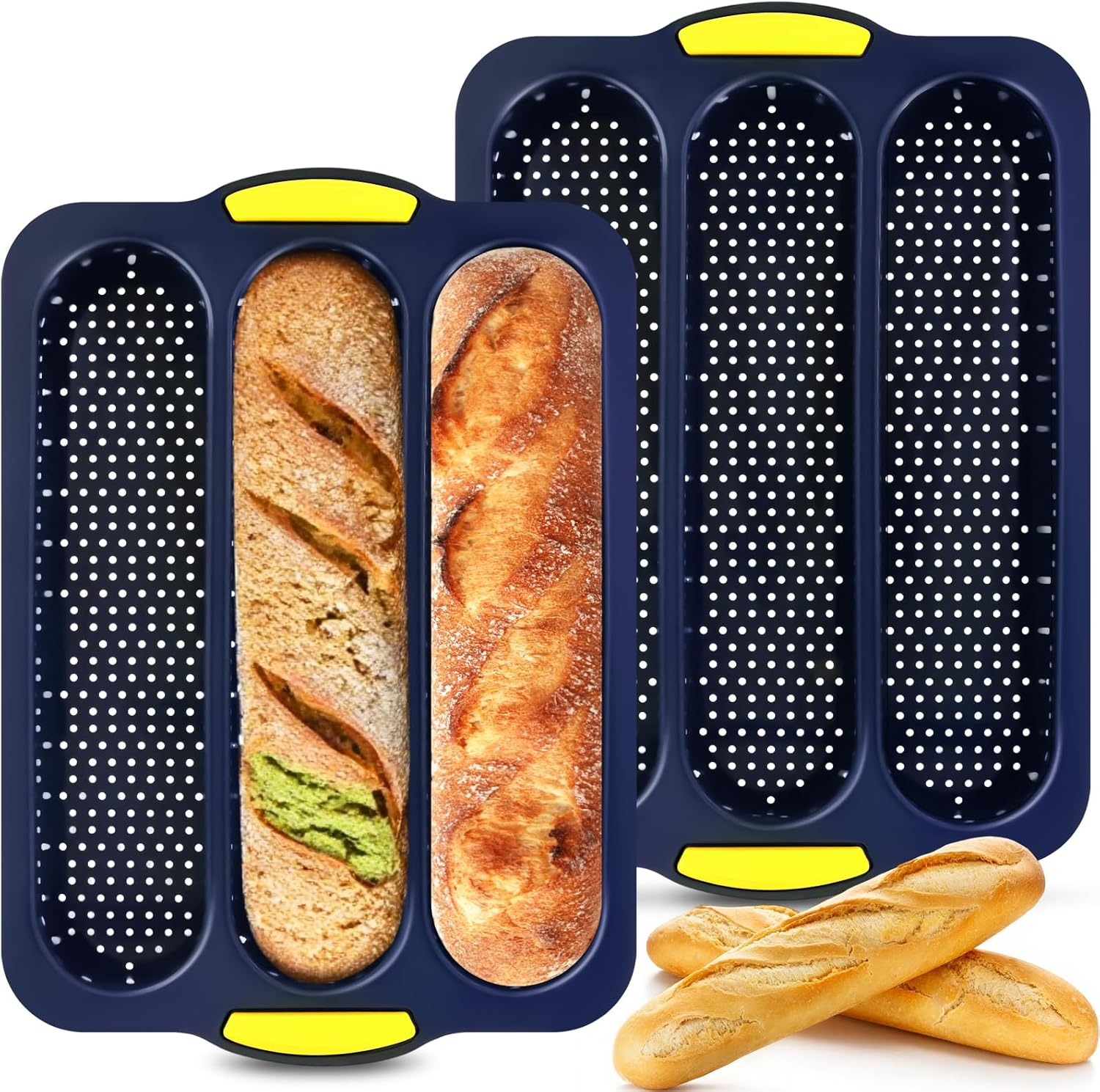 2 Pcs Silicone Baguette Bread Pan, Non-Stick Bread Loaf Pan Food Grade, 3-Cav...