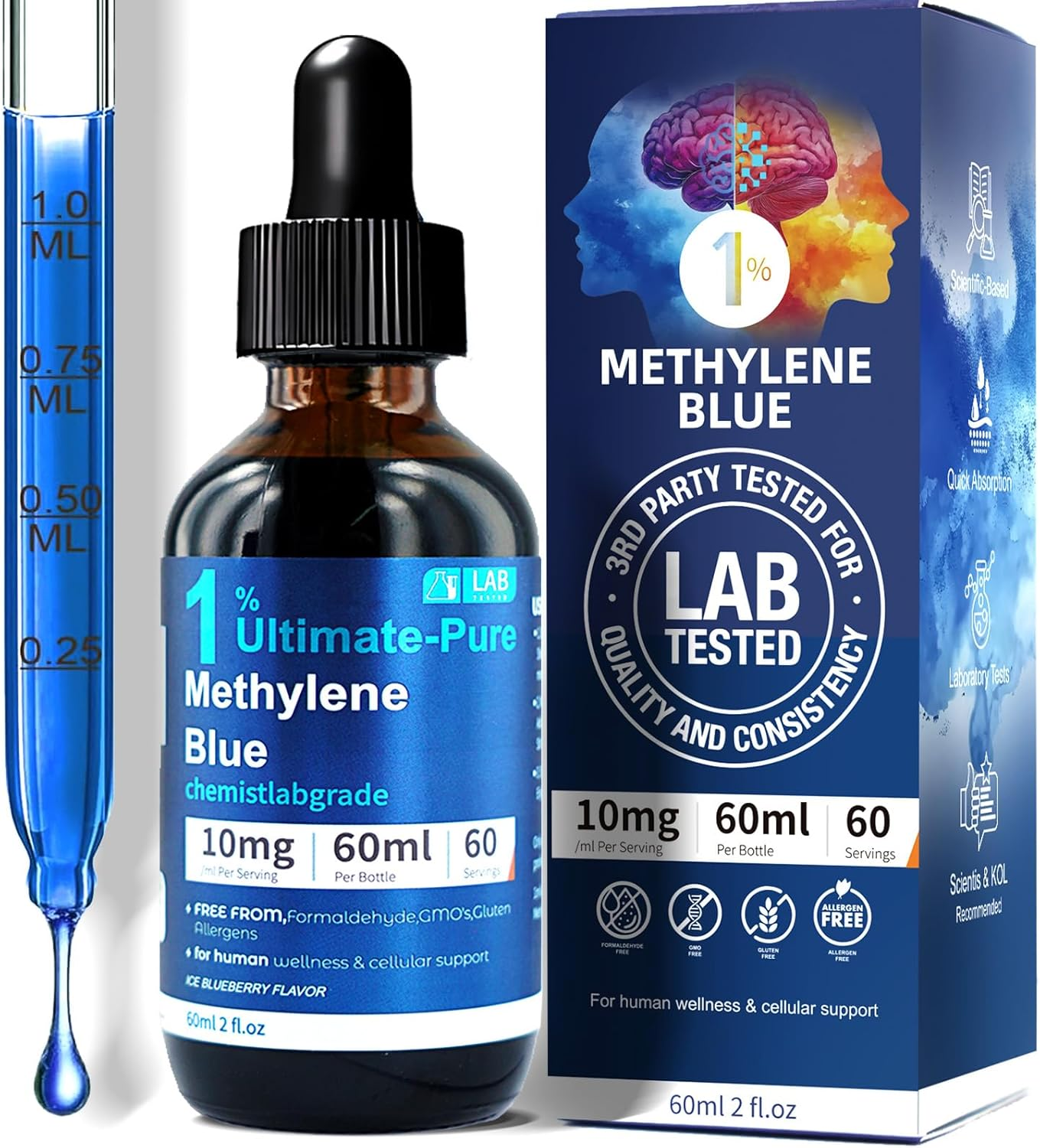 Methylene Blue 1% Solution | 10mg/ml for Humans | Third-Party Lab Tested of Ultra High Purity | 60ml Liquid Drops | Formaldehyde & Alcohol-Free | Beginner-Friendly Formula (2FL.OZ)