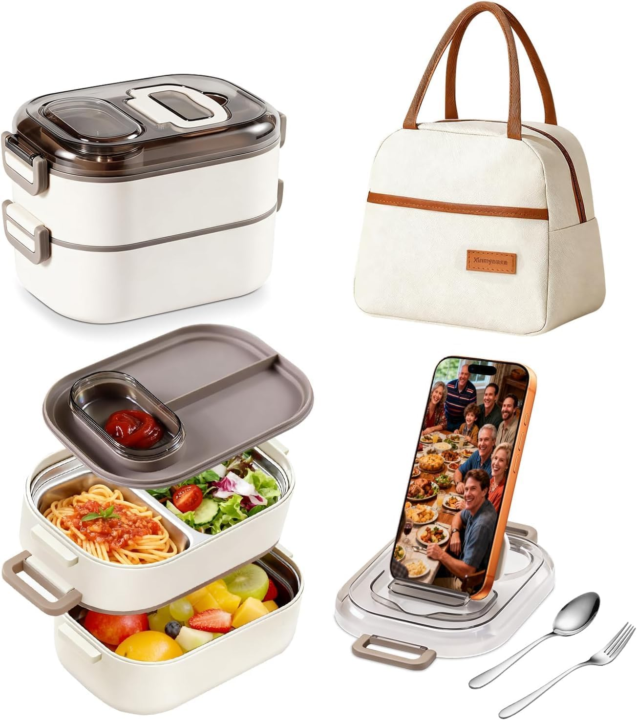 Stainless Steel Lunch Box: 1100Ml 304 Leakproof Microwave Safe Bento Box with Utensil Set - Double Layer Stackable Japanese Bento Lunchbox with 3 Compartments for Adults Students Office School