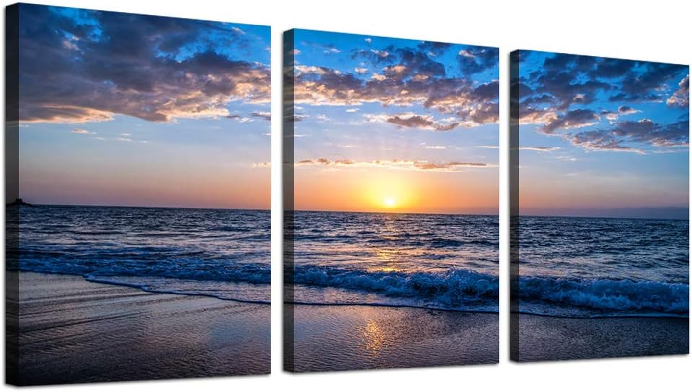 Stunning Sunrise Blue Sea Landscape - 3 Piece Framed Canvas Wall Art for Modern Home Decor - Ready to Hang - 12