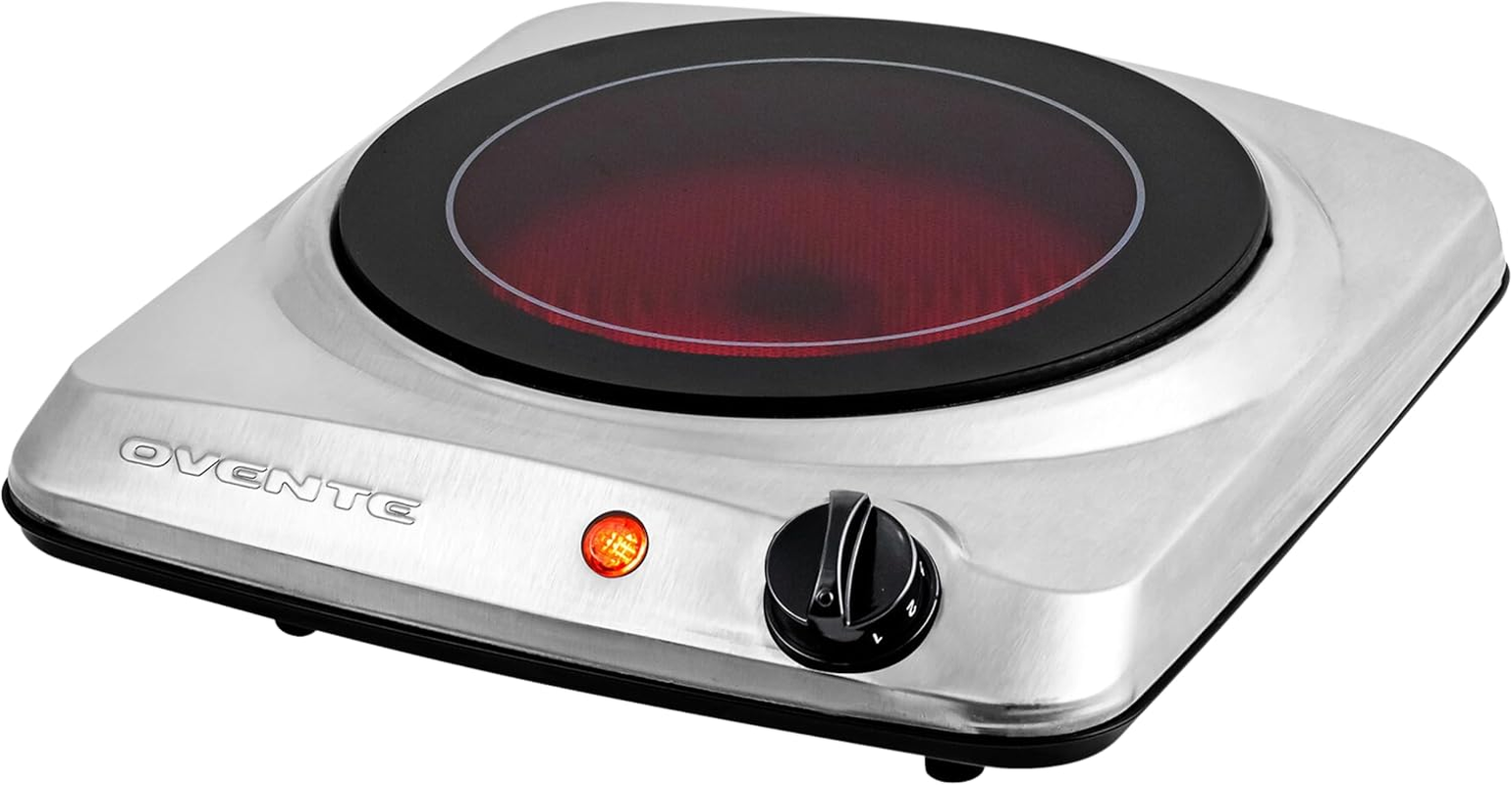 Countertop Infrared Single Burner, 1000W Electric Hot Plate with 7” Ceramic Glass Cooktop, 5 Level Temperature Setting & Easy to Clean Base, Compact Stove for Home Dorm Office, Silver BGI101S