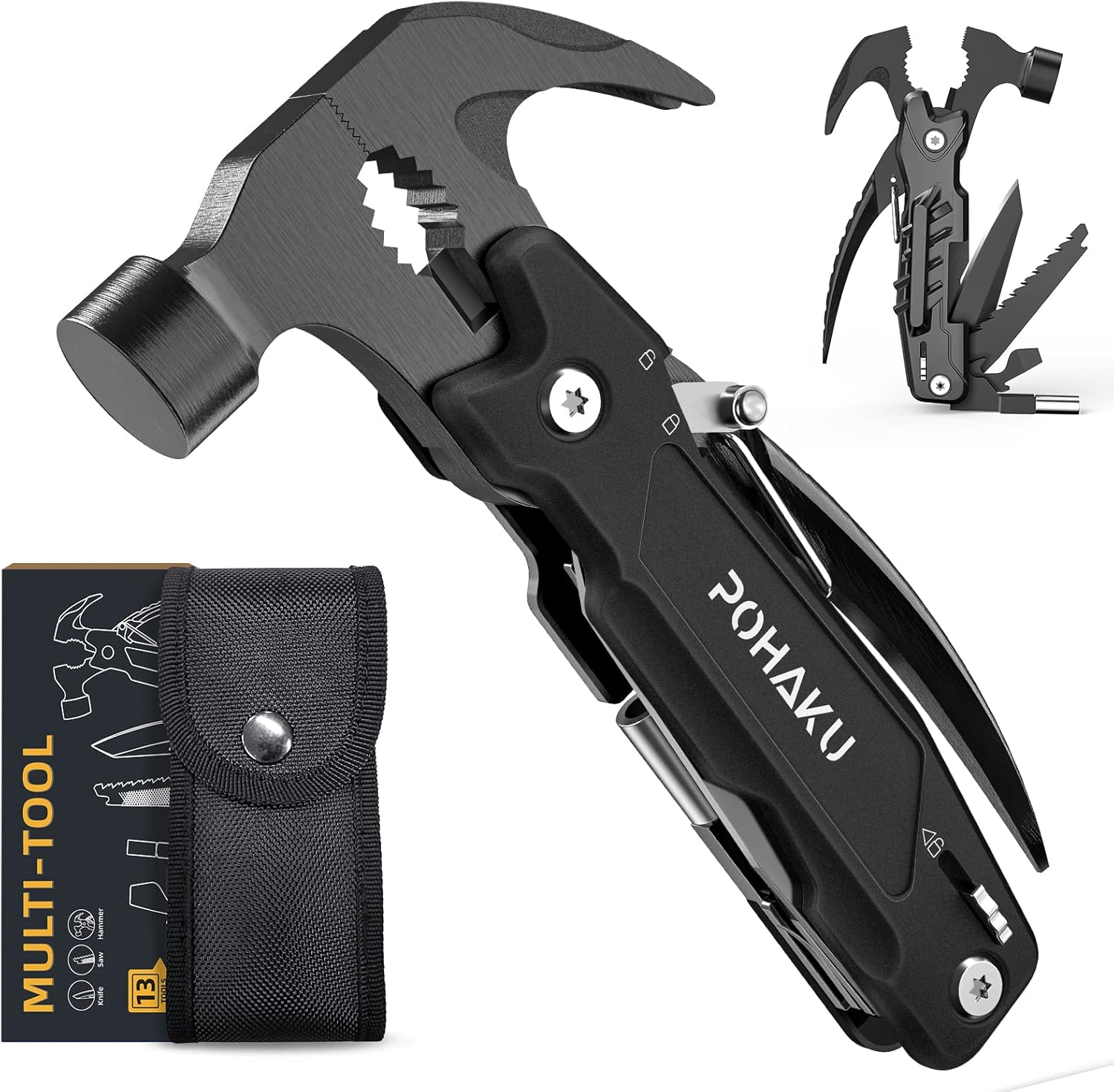 14-In-1 Multitool Hammer, Multitool with DIY Stickers, Safety Lock, Screwdriver Bits Set and Durable Nylon Sheath, Multi Tool for Outdoor, Ideal Gifts for Father, Husband, Boyfriend