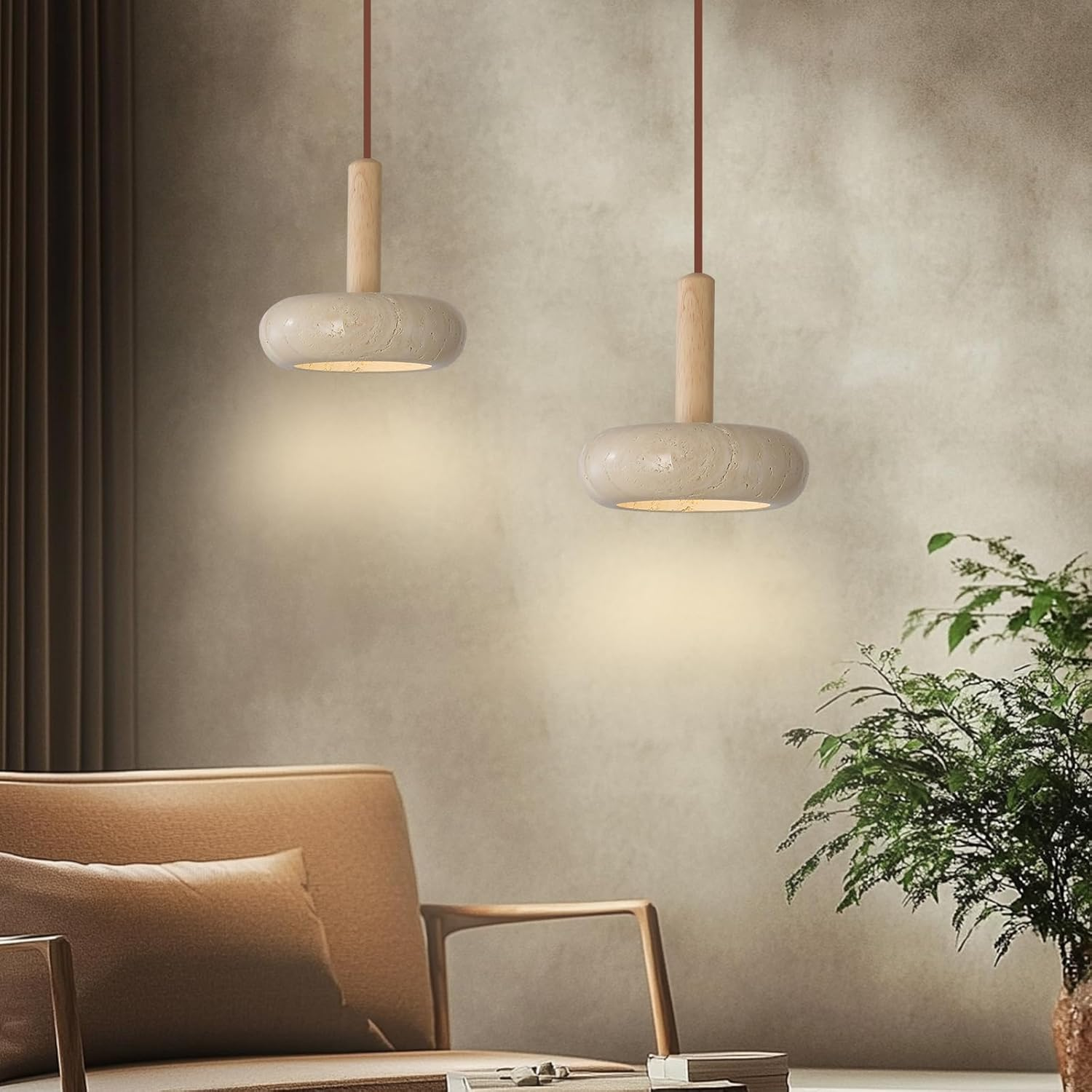 9.1Inch 2PCS Japanese Wabi-Sabi Style Travertine Pendant Lamp LED Natural Stone Shade Pendant Light Wood Bedroom Bedside Hanging Light 3000K for Living Dining Room Table