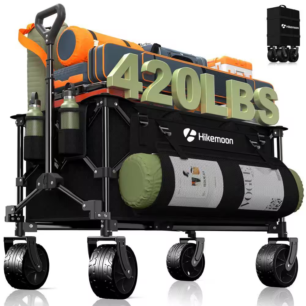 420 Lb Capacity Collapsible Wagon, 150L Large with Auto-Rebound Handle and All-Terrain Wheels for Camping, Garden