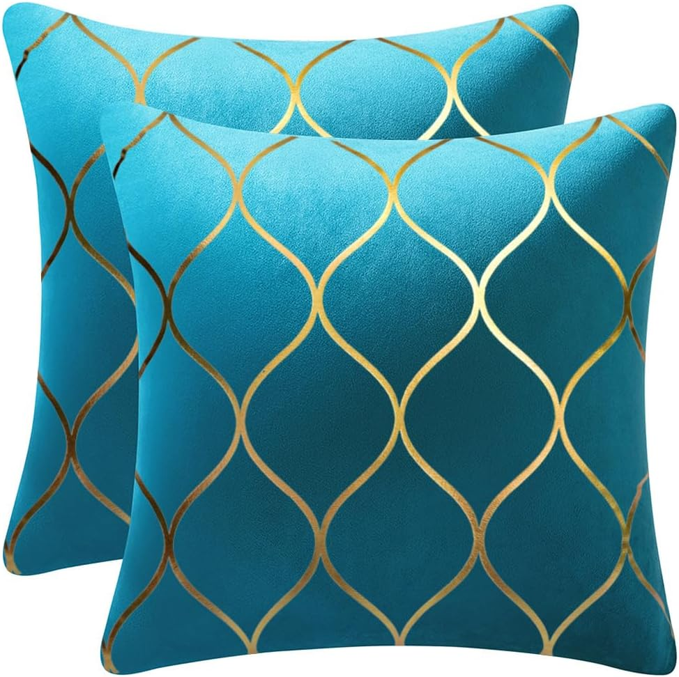 18x18 Inch Gold Velvet Throw Pillow Covers: 2 Pack Square Decorative Pillow Cases for Bedroom Sofa Couch Living Room, Turquoise
