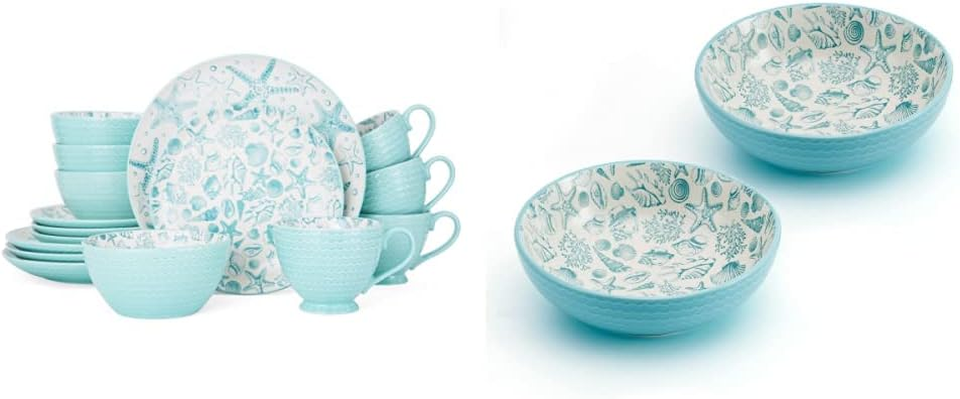 Venice 16-Piece Stoneware Dinnerware Set, Service for 4, Aqua/White - and  Venice Set of 2 Pasta Bowls, 8 Inch, Teal and White