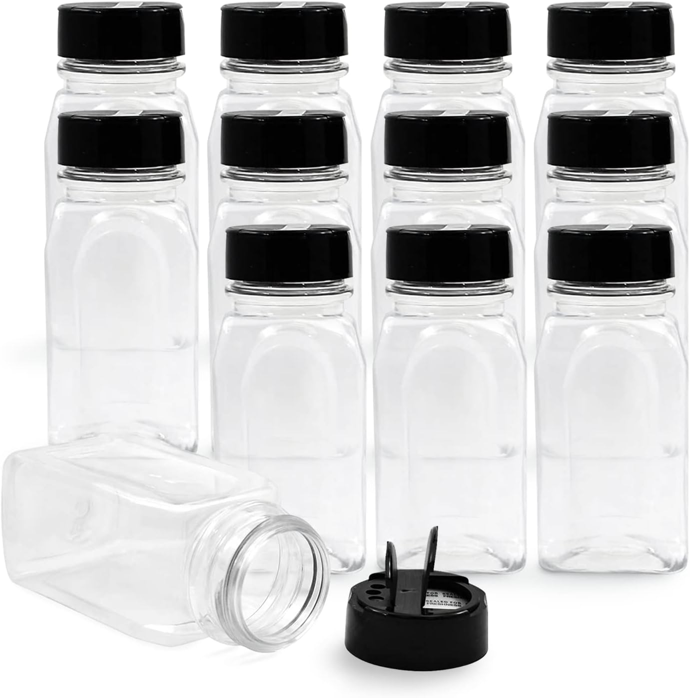 Paquete 12frascos de especias de plastico de 9.5 oz con tapa negra transparentes