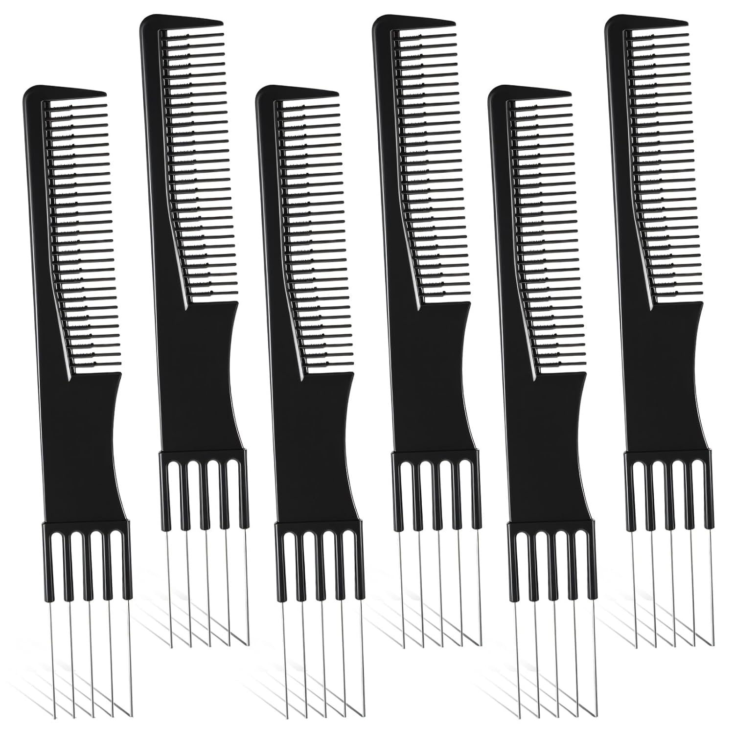6 PCS Double-Head Parting Teasing Comb, Black Metal Prong Pick Combs Parting for Women Hair Pick Teasing Lifting Fluffing Combs for Styling Salon Fine Thick Thin Hair