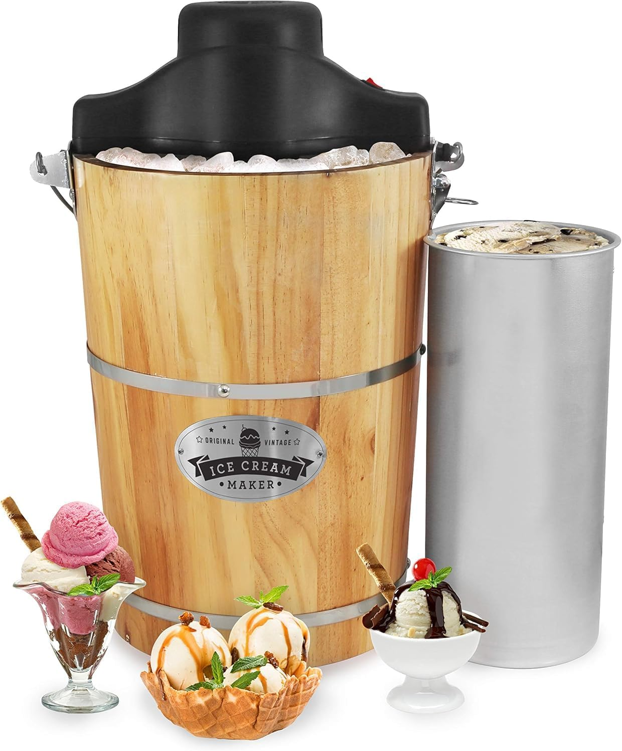 EIM916X Old Fashioned 6 Quart Vintage Wood Bucket Electric Ice Cream Maker Machine Appalachian, Bonus Classic Die-Cast Hand Crank for Churning, Uses Ice and Rock Salt