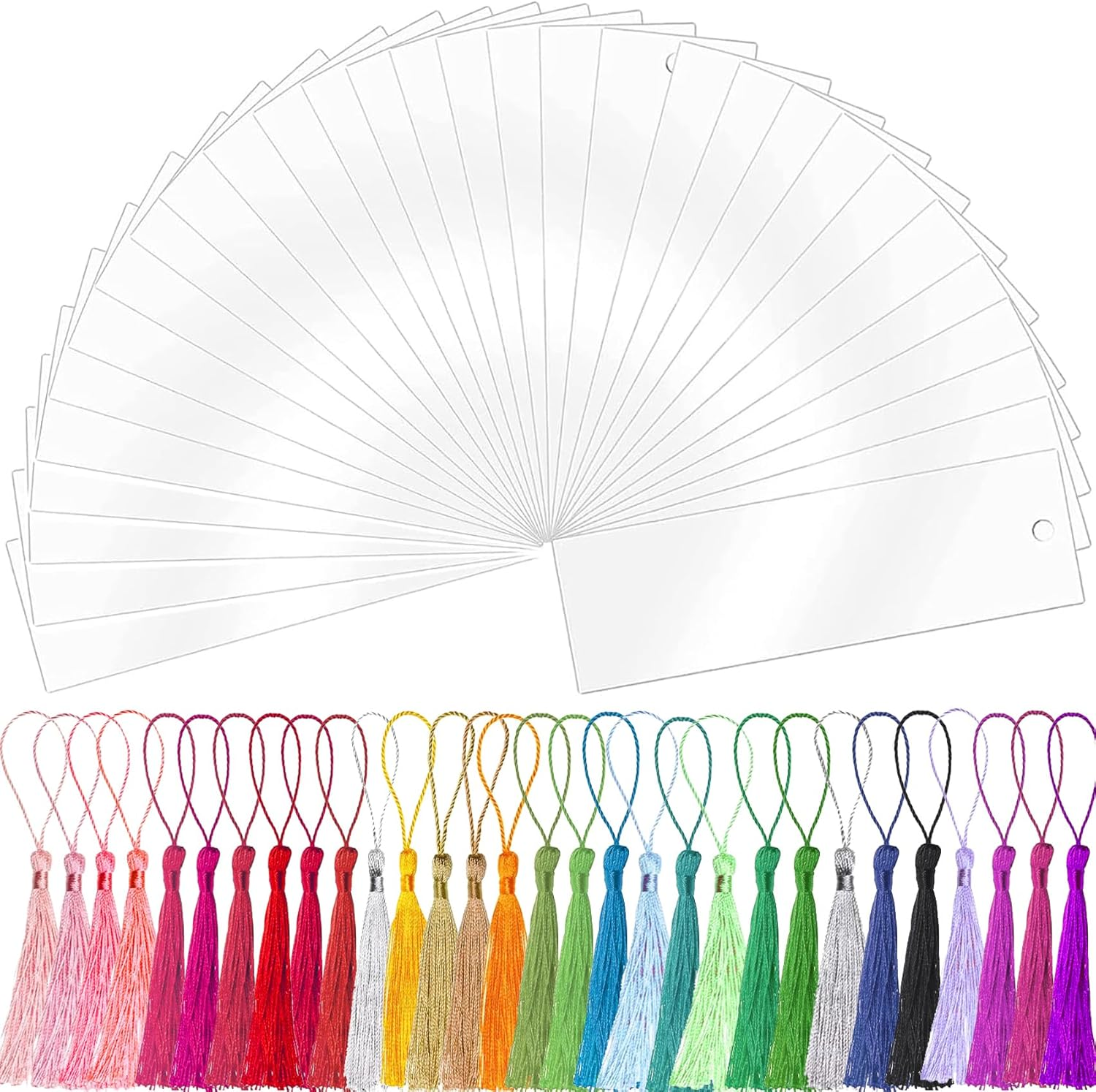 Clear Acrylic Bookmark,  30 Set Plastic Blank Book Page Mark with Colorful Tassels Small Transparent Craft Tags for DIY Classroom Projects and Gift Tag