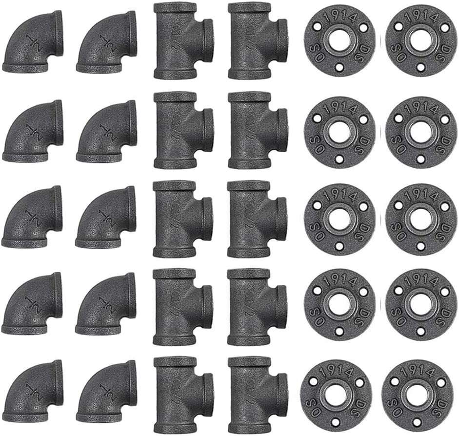 30 Pack 1/2 Inch Cast Iron Pipe Fittings (10 Elbows, 10 Tees, 10 Flange), DIY Steampunk Industrial Vintage Style.