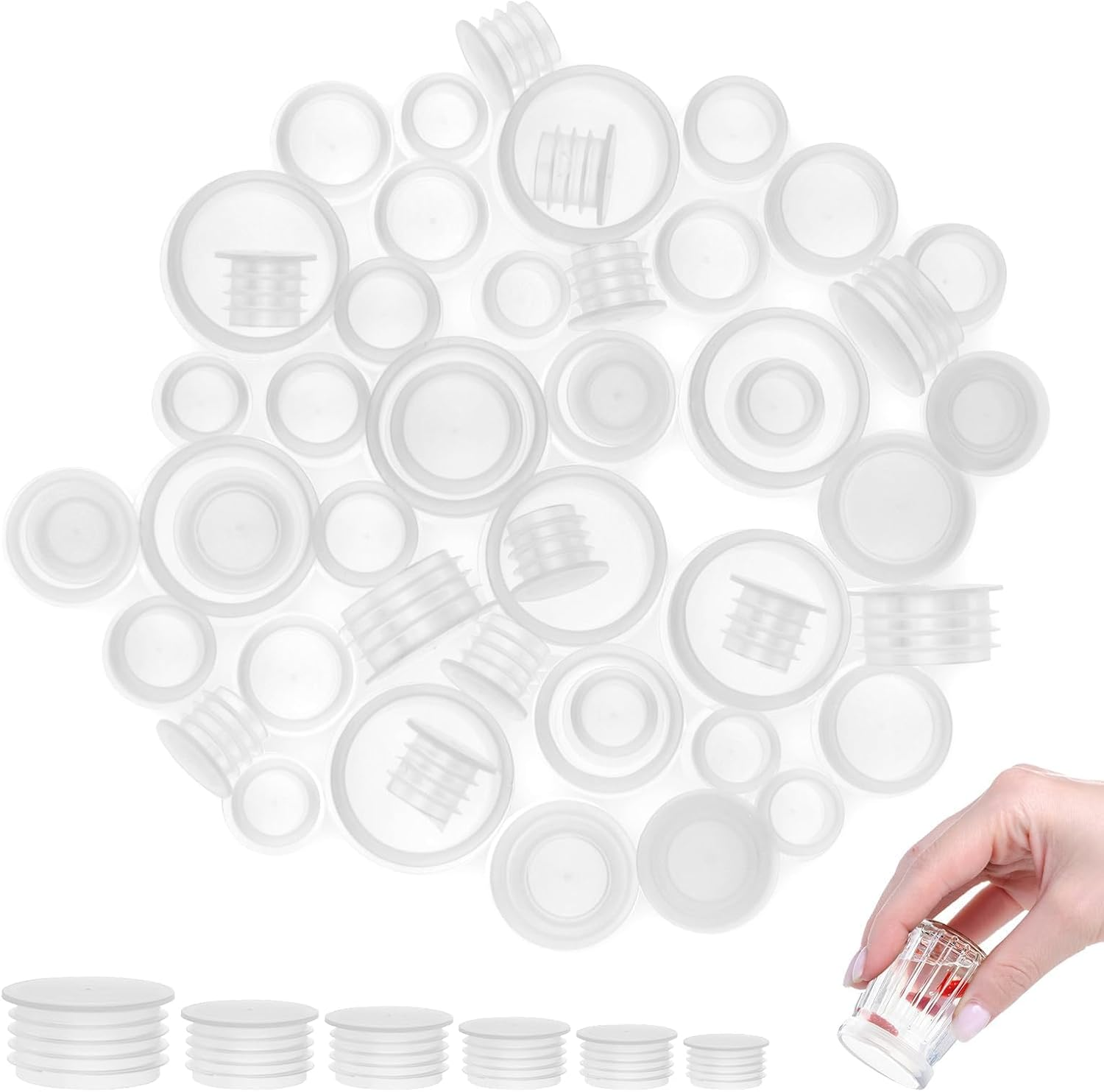 60 Pack Salt and Pepper Shaker Stoppers 6 Sizes Clear Plastic Replacement Plugs