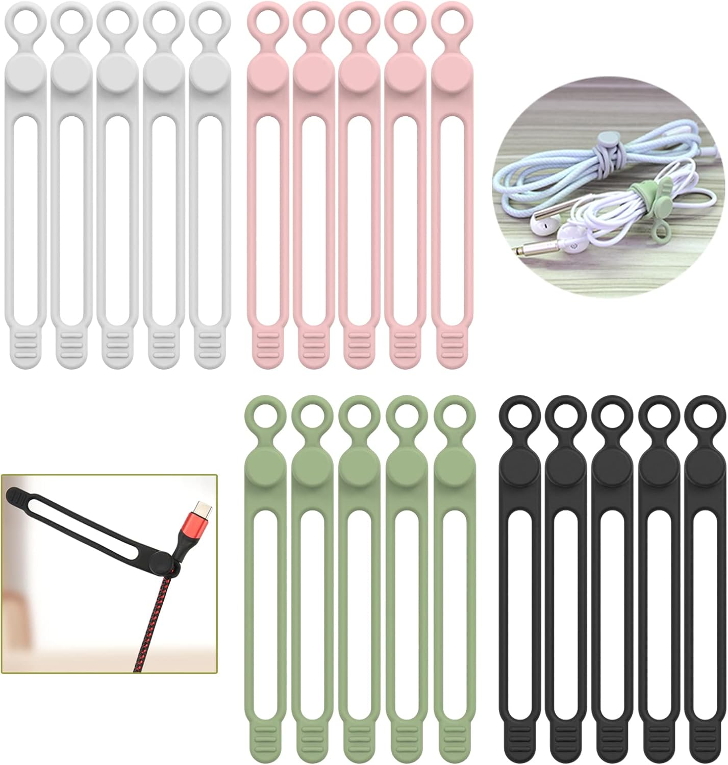 [20Park]Umust Silicone Cable Ties,Reusable Cable Management Organizer, Multipurpose Elastic Cord Organizer for Bundling and Fastening Cable Cords Wires(Black,White,Pink,Green)