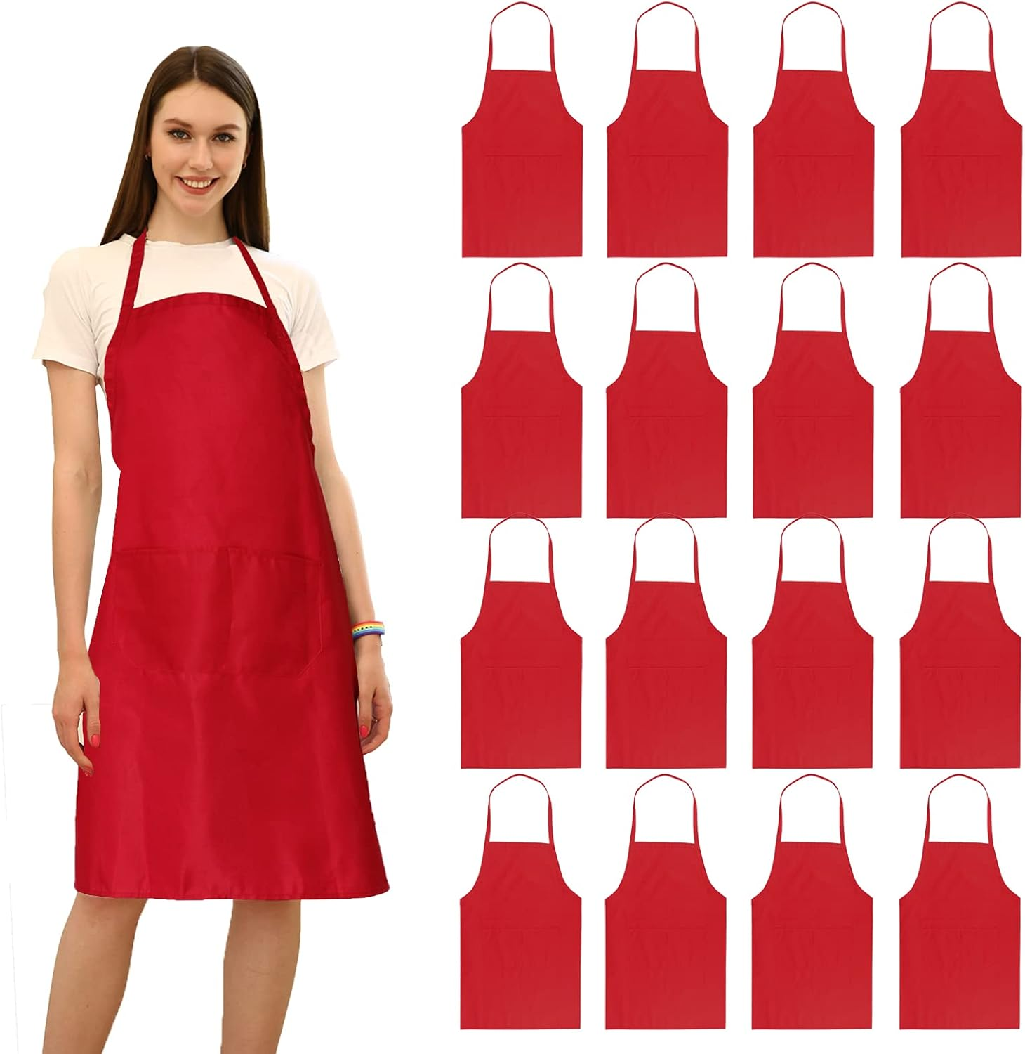 16 Pack Red Bib Plain Aprons Bulk for Women Men Adult with 2 Pockets-Chef Cooking Kitchen Painting Baking Restaurant Servers (16 Pcs,Size24 X28)