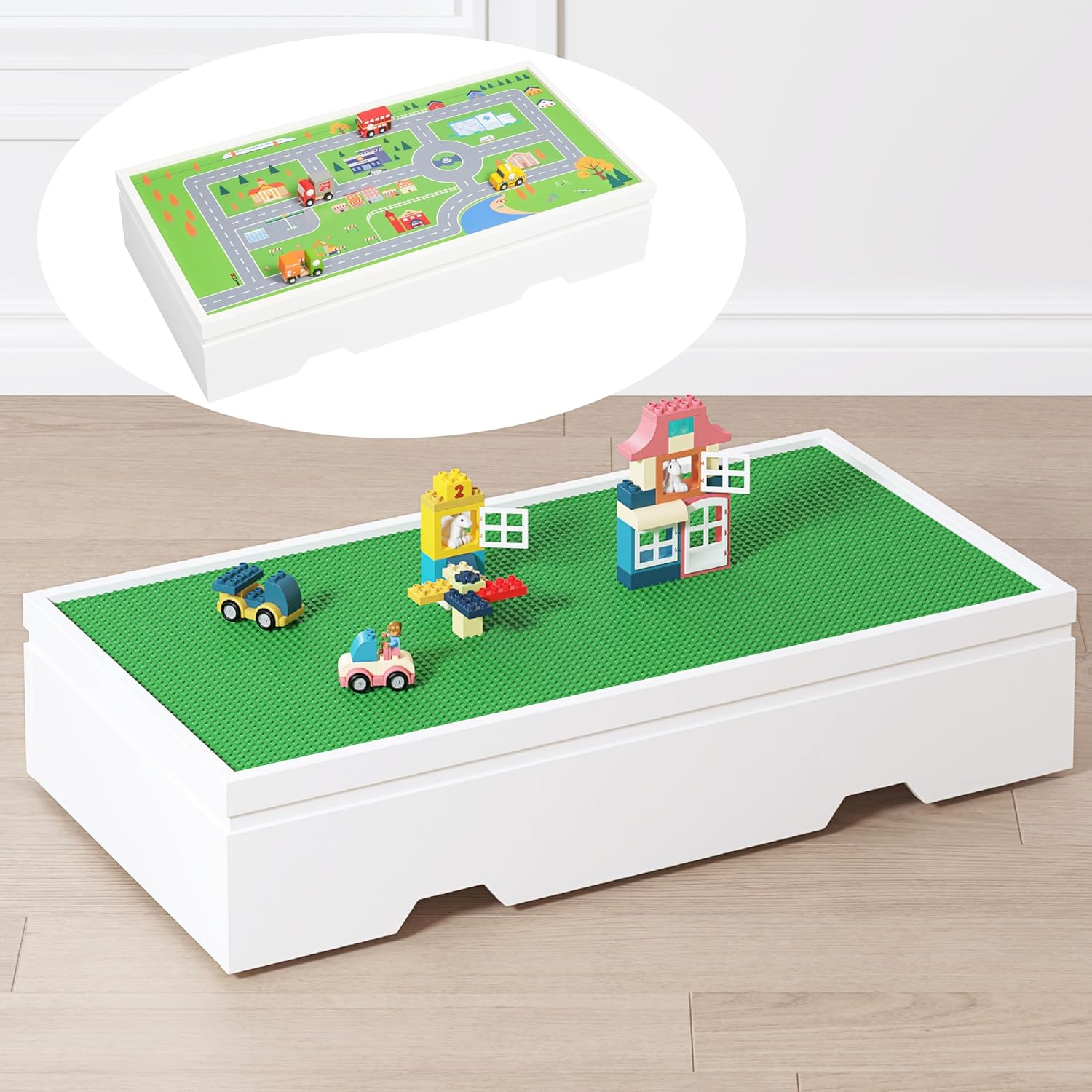 3 in 1 Construction Play Table Compatible with Lego, Rolling Kids Activity Train Table with Storage and Wheels, Reversible Top Store under Beds or Sofas