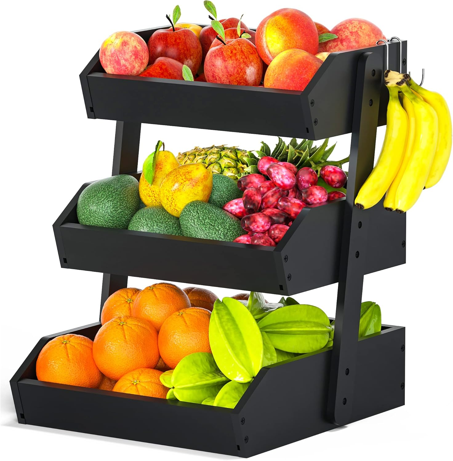 LEGUANG 2-Tier Fruit Basket With Banana Hanger - Detachable Kitchen Countertop Storage For Fruits & Vegetables, Black