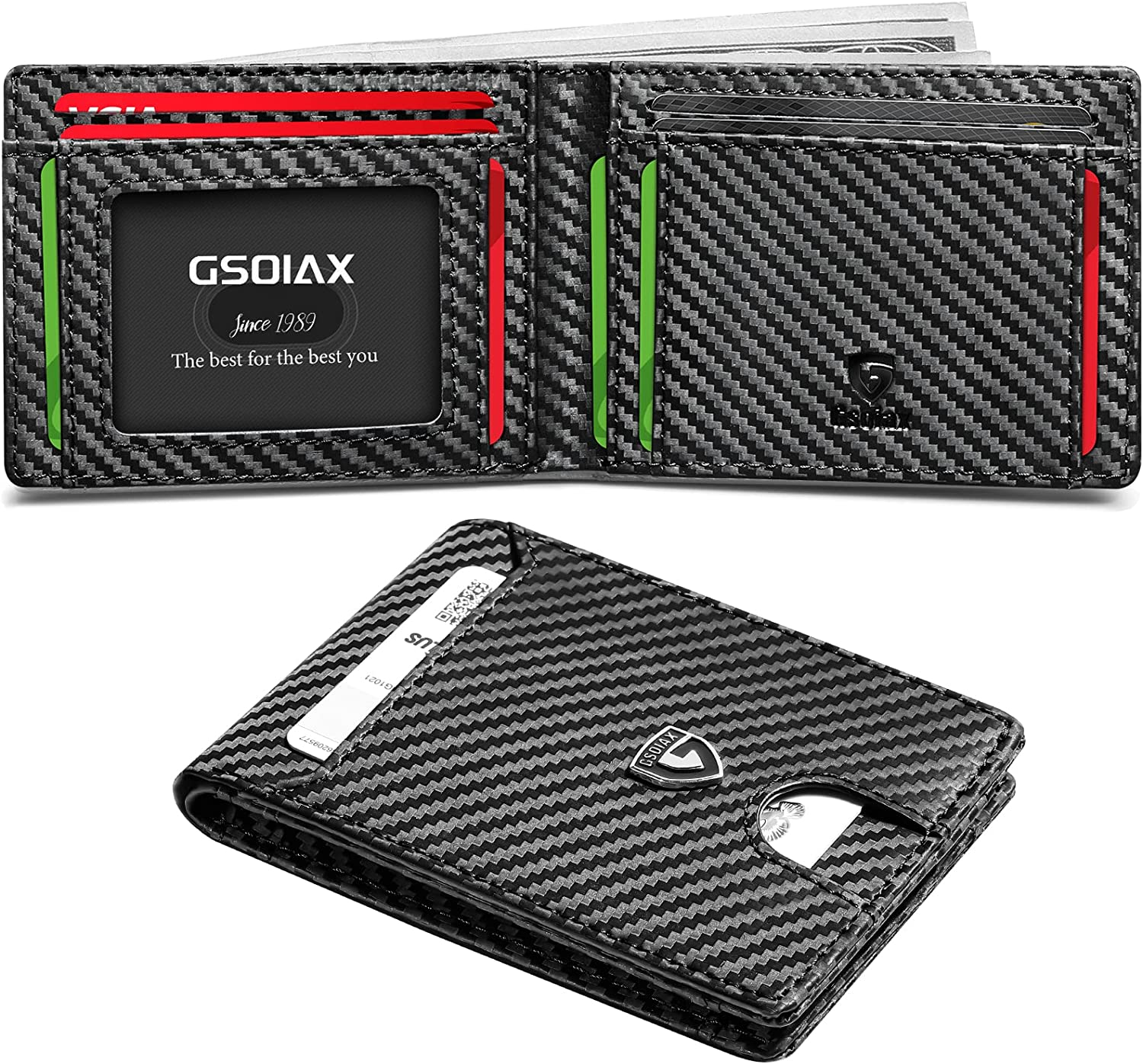 GSOIAX Mens Slim Wallet RFID Blocking Bifold Wallets for Men Minimalist Genuine Leather Carbon Fiber Card Holder Money Clip Thin Mens with Gift Box (Carbon Black-)