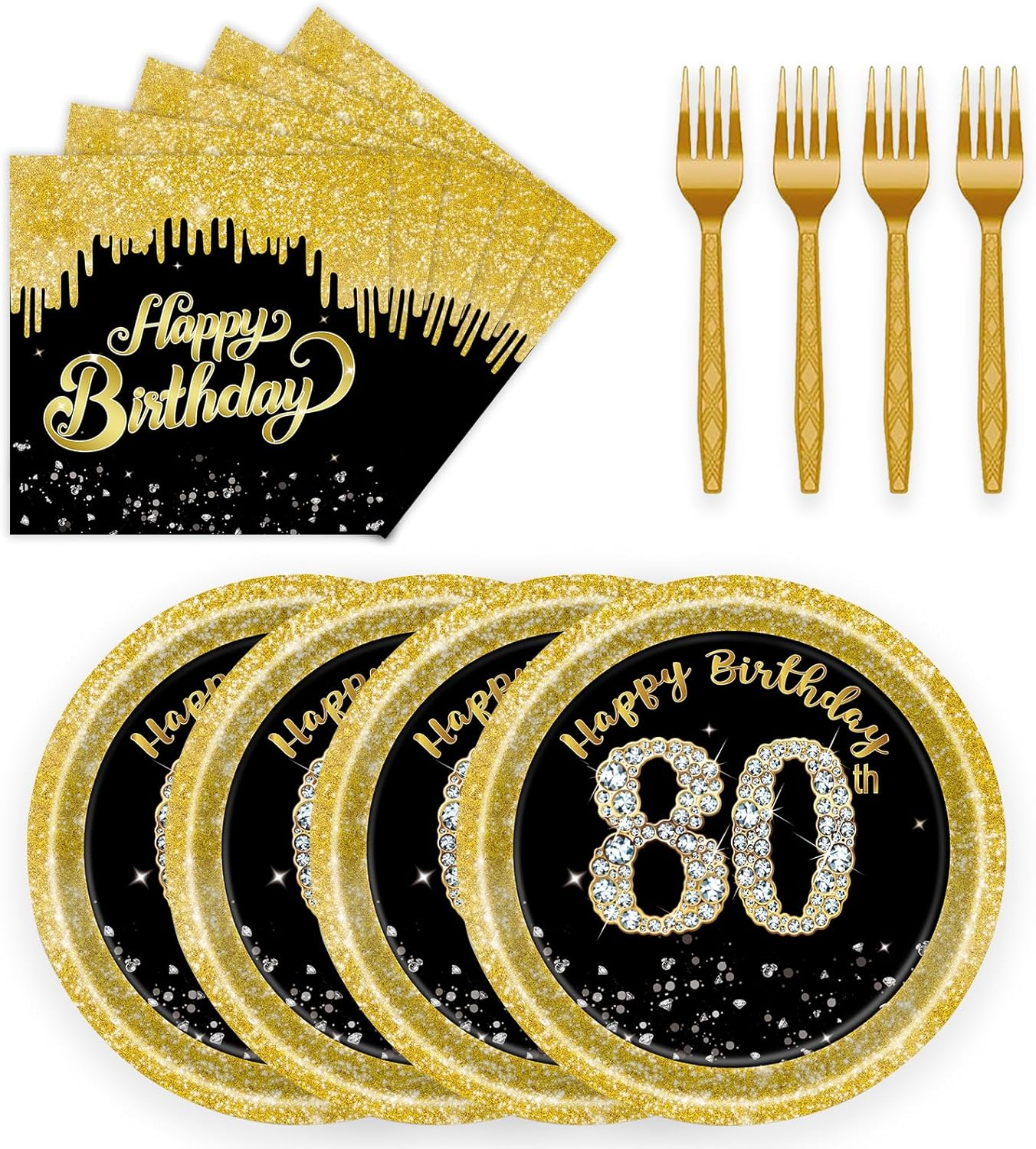 72 Pcs 80Th Birthday Paper Plates and Napkins Party Supplies, Back Gold 80Th Birthday Party Plates and Napkins Tableware Set for Men Women Cheers to 80 Years Decorations Serves 24