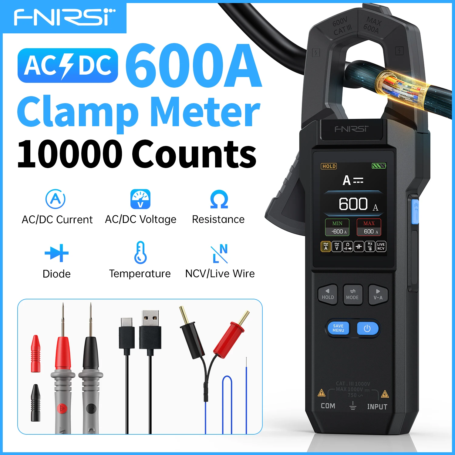 DMC-100 10000 Counts DC AC Current USB rechargeable Clamp Meter Digital Multimeter 600A Amperimetric Clamp NCV Meter Tool