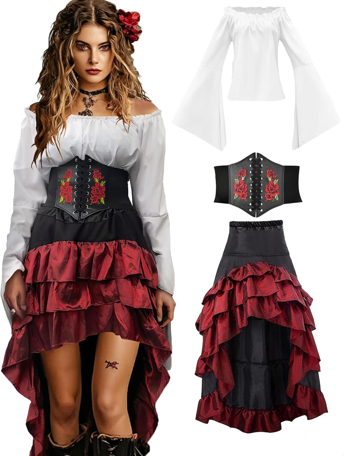 Pirate Costume Women Outfit with Renaissance Pirate Shirt Skirt Corset Waist Belt Womens Halloween Pirate Costumes (White+Red, M)
