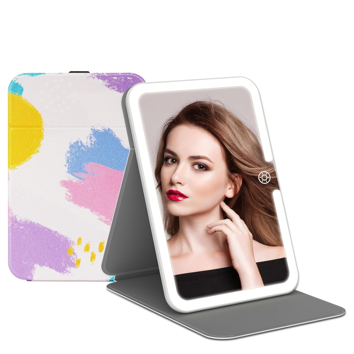 Rechargeable Travel Lighted Makeup Vanity Mirror with PU Leather Cover, Portable Travel Makeup Mirror with Lights, 3 Color Lighting,Touch Sensor Dimmable, Light up Tabletop Cosmetic Mirror Folding