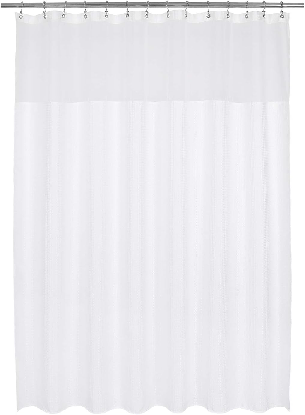 Extra Long and Wide Fabric Shower Curtain with Sheer Window 84 X 84 Inch, Waffle Weave, Hotel Grade, 230GSM Heavyweight, Water Repellent, Machine Washable, White, 84X84 Large